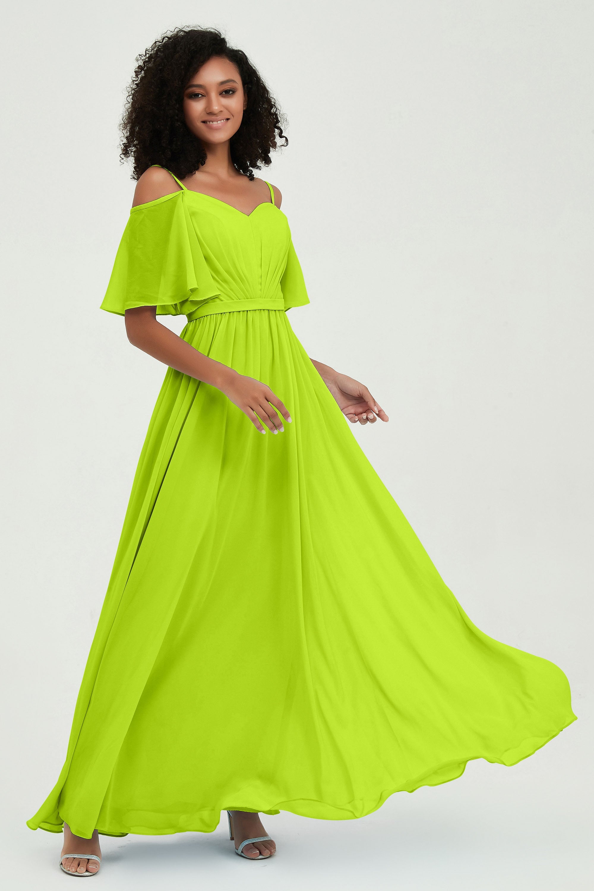 Off the Shoulder Chiffon Flutter Sleeves Junior Bridesmaid Dress Formal Evening Prom Gowns