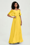Off the Shoulder Chiffon Flutter Sleeves Junior Bridesmaid Dress Formal Evening Prom Gowns