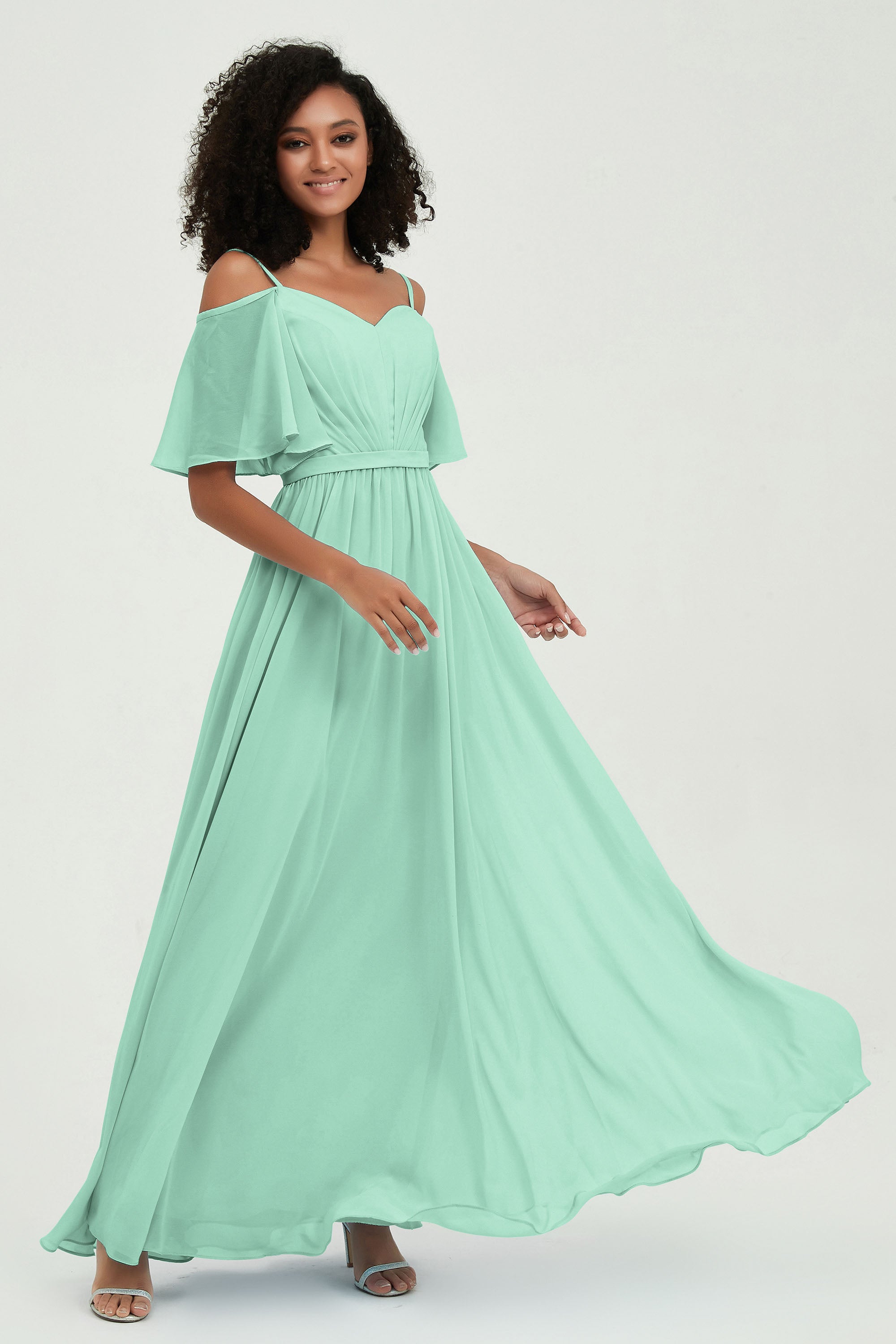 Off the Shoulder Chiffon Flutter Sleeves Junior Bridesmaid Dress Formal Evening Prom Gowns
