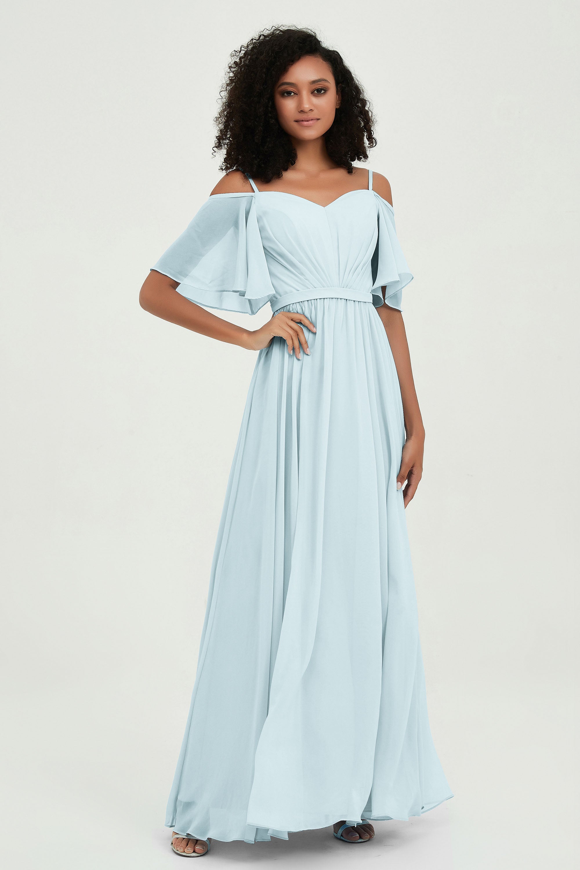 Off the Shoulder Chiffon Flutter Sleeves Junior Bridesmaid Dress Formal Evening Prom Gowns