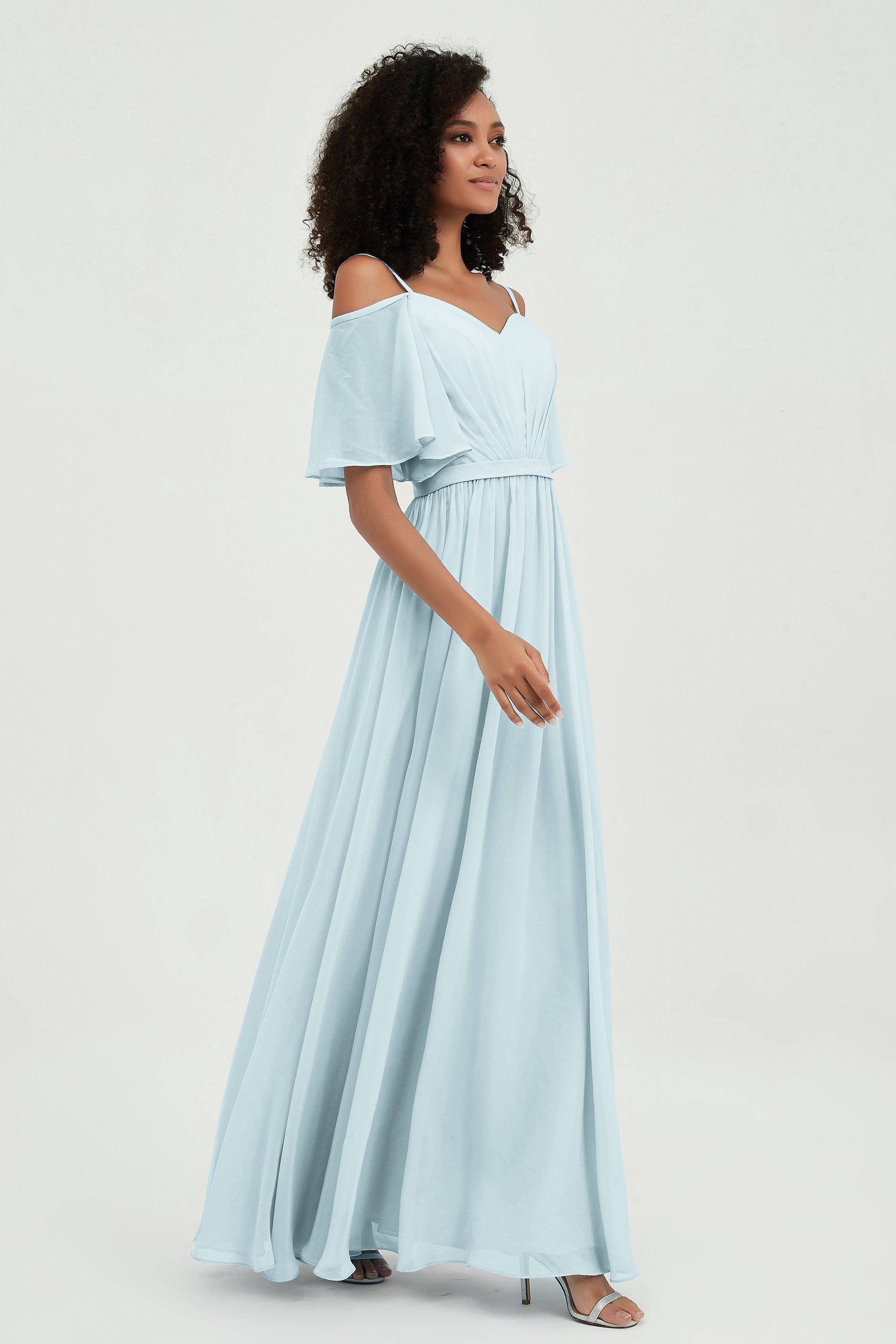Off the Shoulder Chiffon Flutter Sleeves Junior Bridesmaid Dress Formal Evening Prom Gowns
