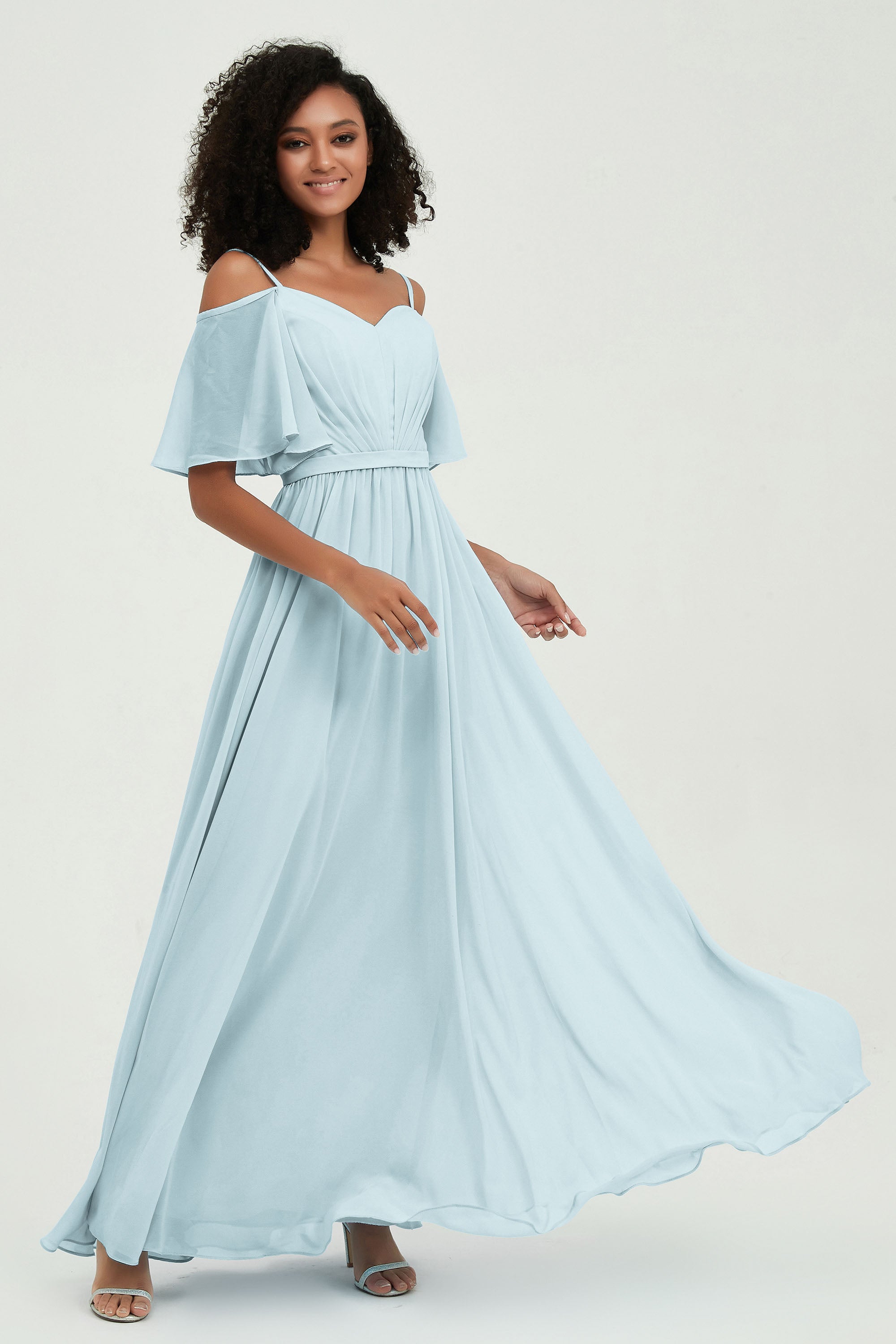 Off the Shoulder Chiffon Flutter Sleeves Junior Bridesmaid Dress Formal Evening Prom Gowns