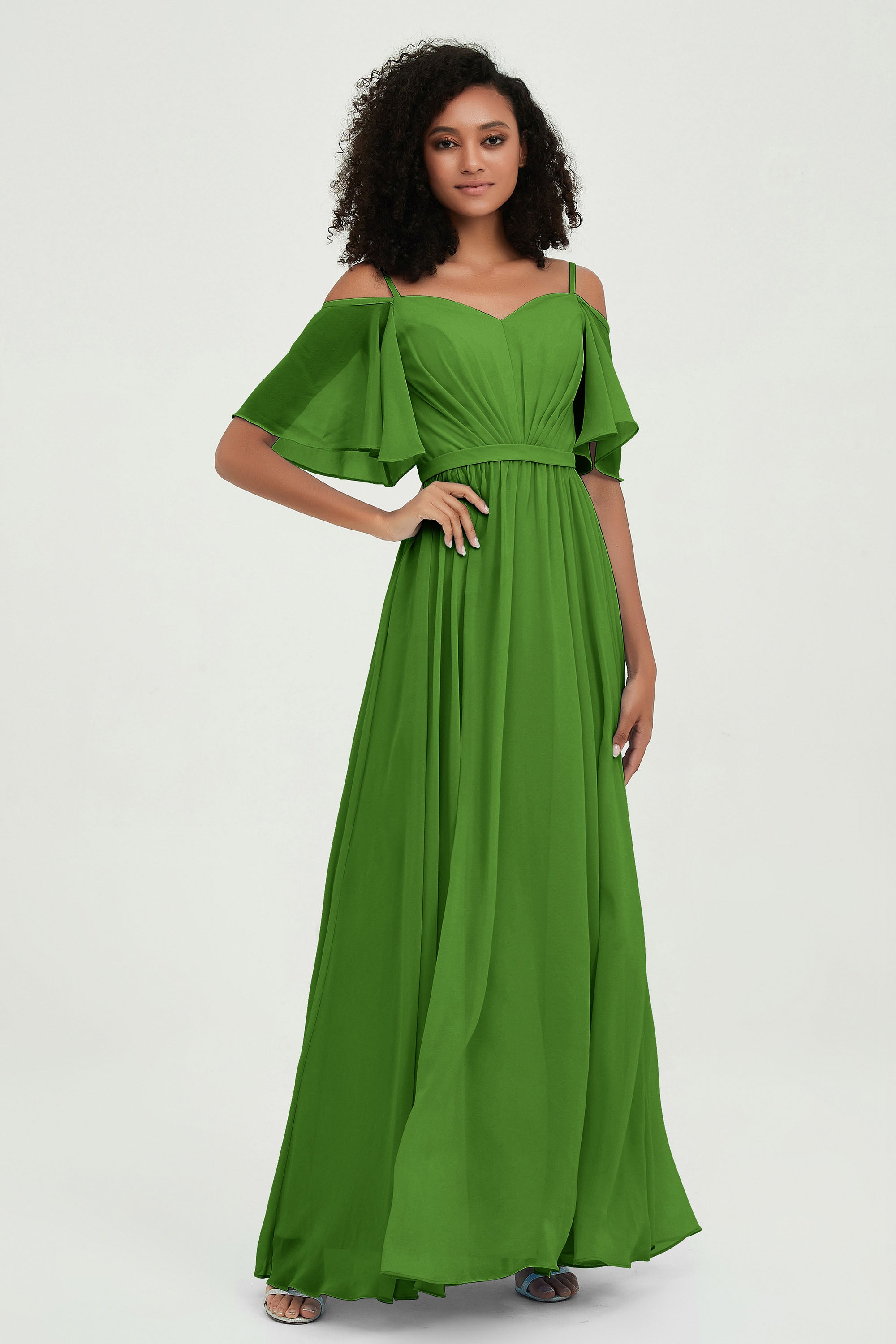 Off the Shoulder Chiffon Flutter Sleeves Junior Bridesmaid Dress Formal Evening Prom Gowns