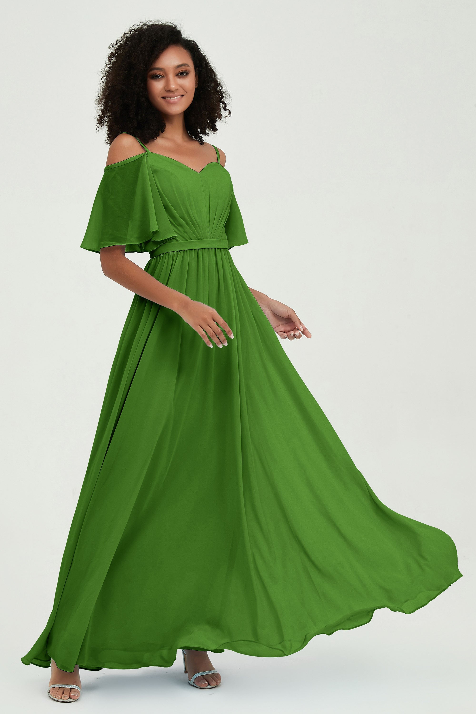 Off the Shoulder Chiffon Flutter Sleeves Junior Bridesmaid Dress Formal Evening Prom Gowns