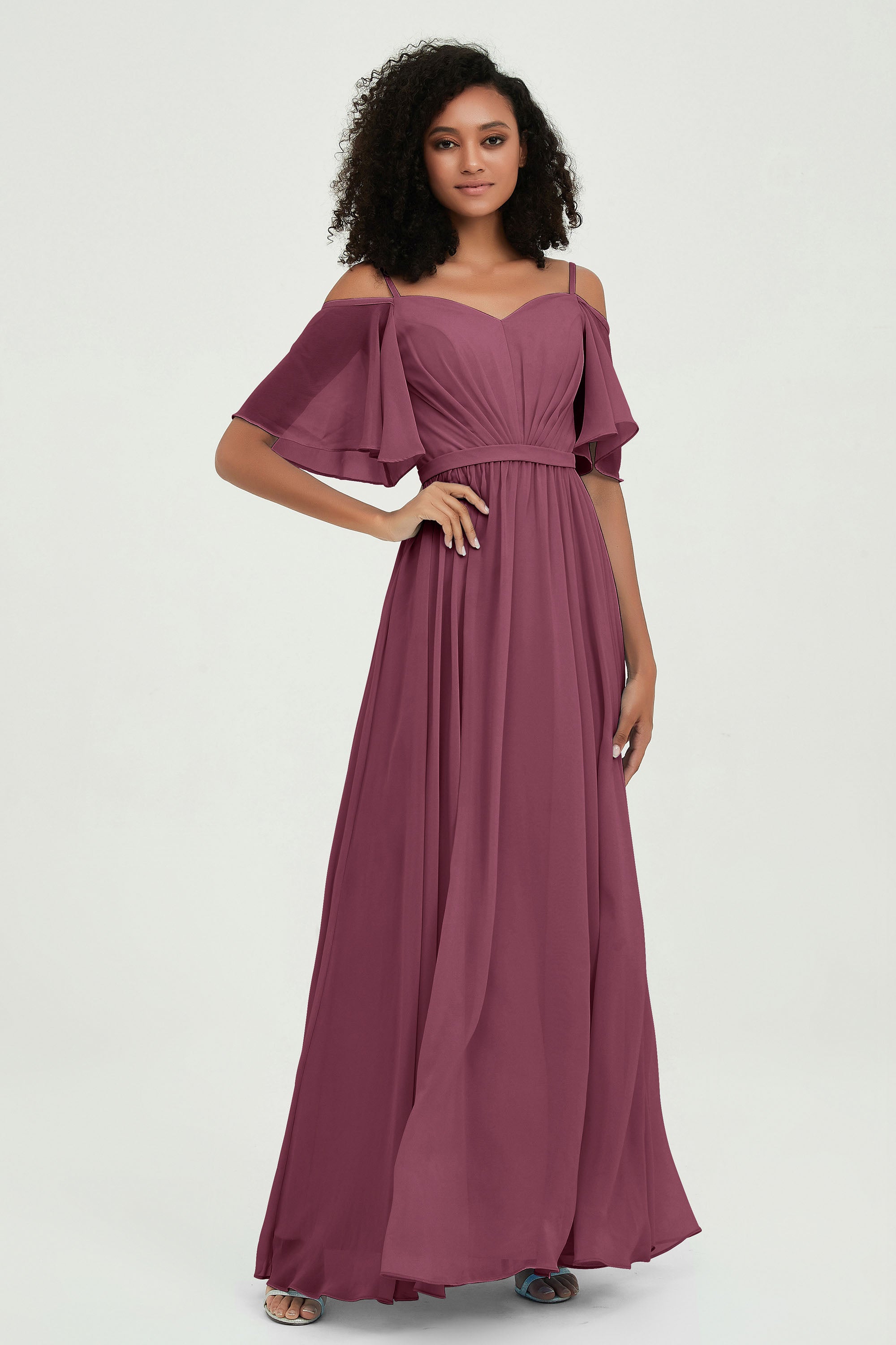 Off the Shoulder Chiffon Flutter Sleeves Junior Bridesmaid Dress Formal Evening Prom Gowns