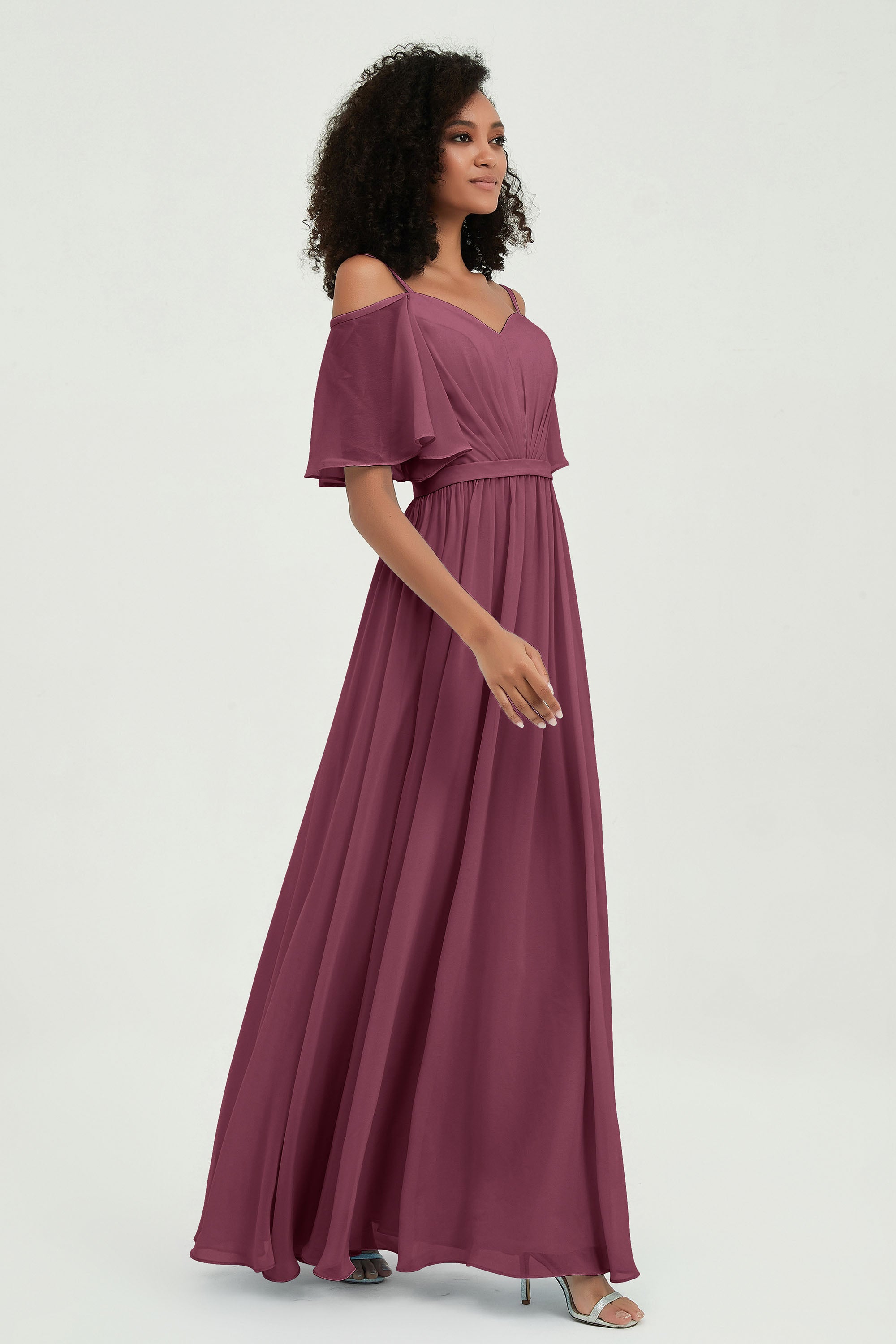 Off the Shoulder Chiffon Flutter Sleeves Junior Bridesmaid Dress Formal Evening Prom Gowns