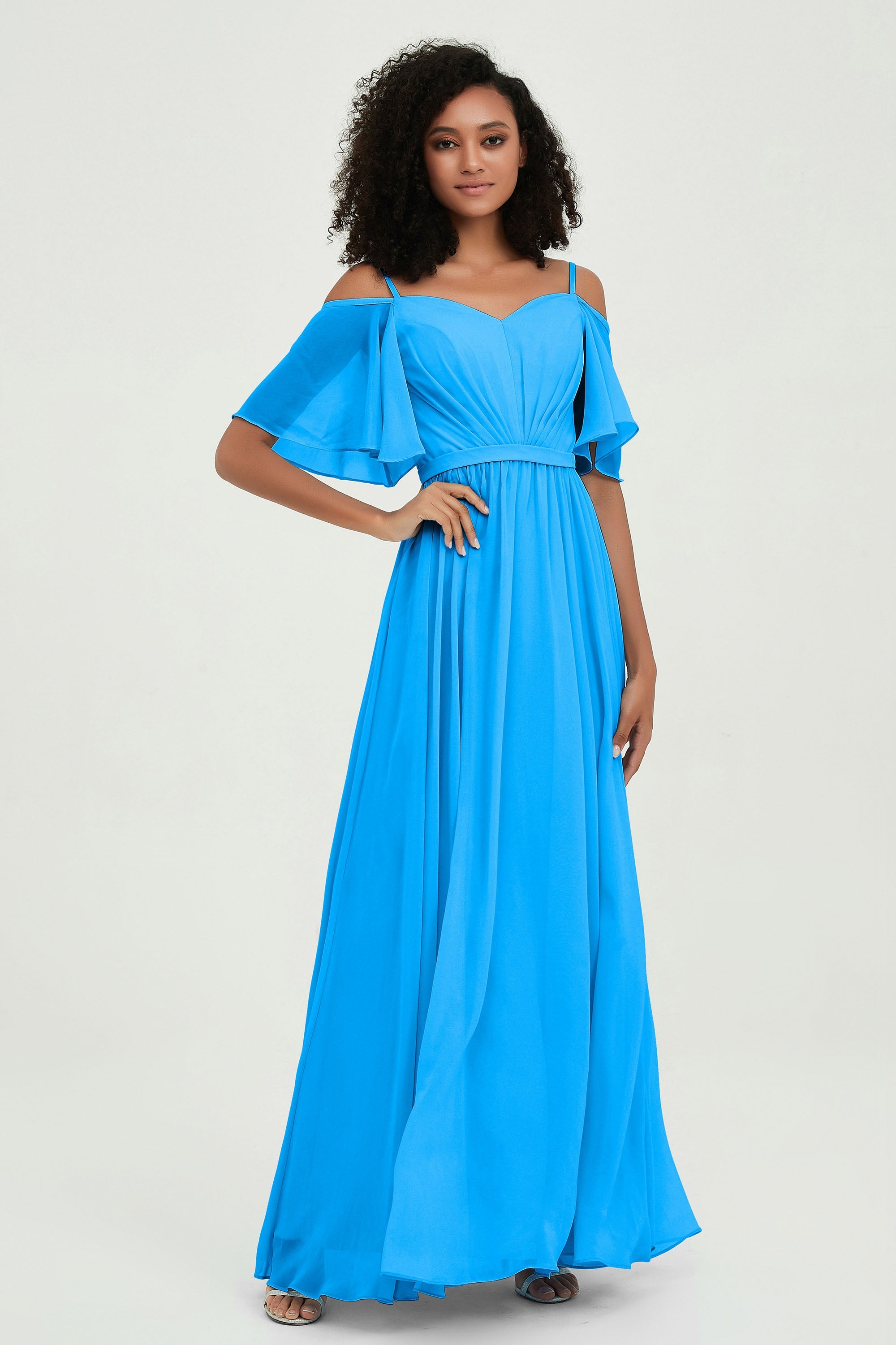 Off the Shoulder Chiffon Flutter Sleeves Junior Bridesmaid Dress Formal Evening Prom Gowns