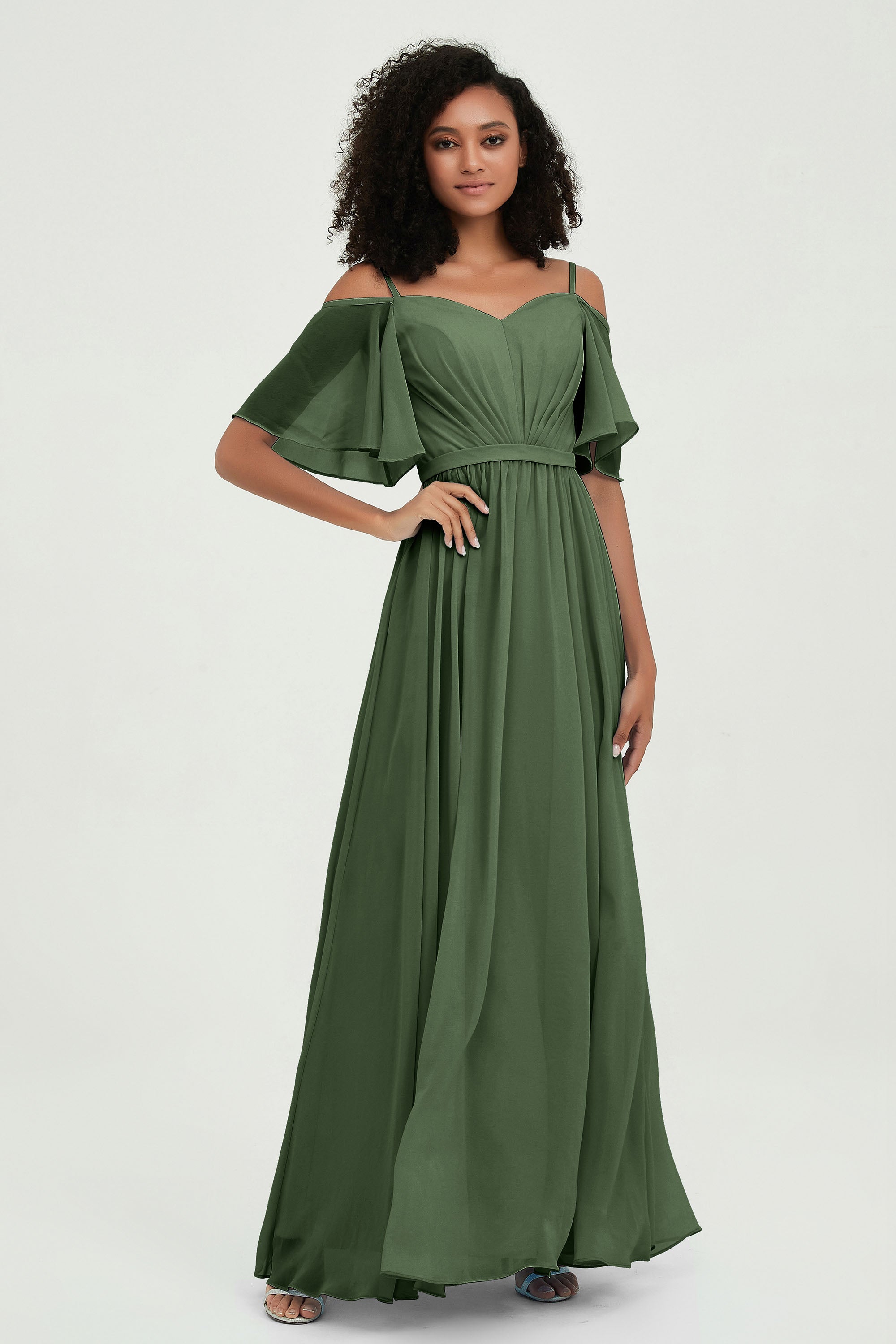 Off the Shoulder Chiffon Flutter Sleeves Junior Bridesmaid Dress Formal Evening Prom Gowns