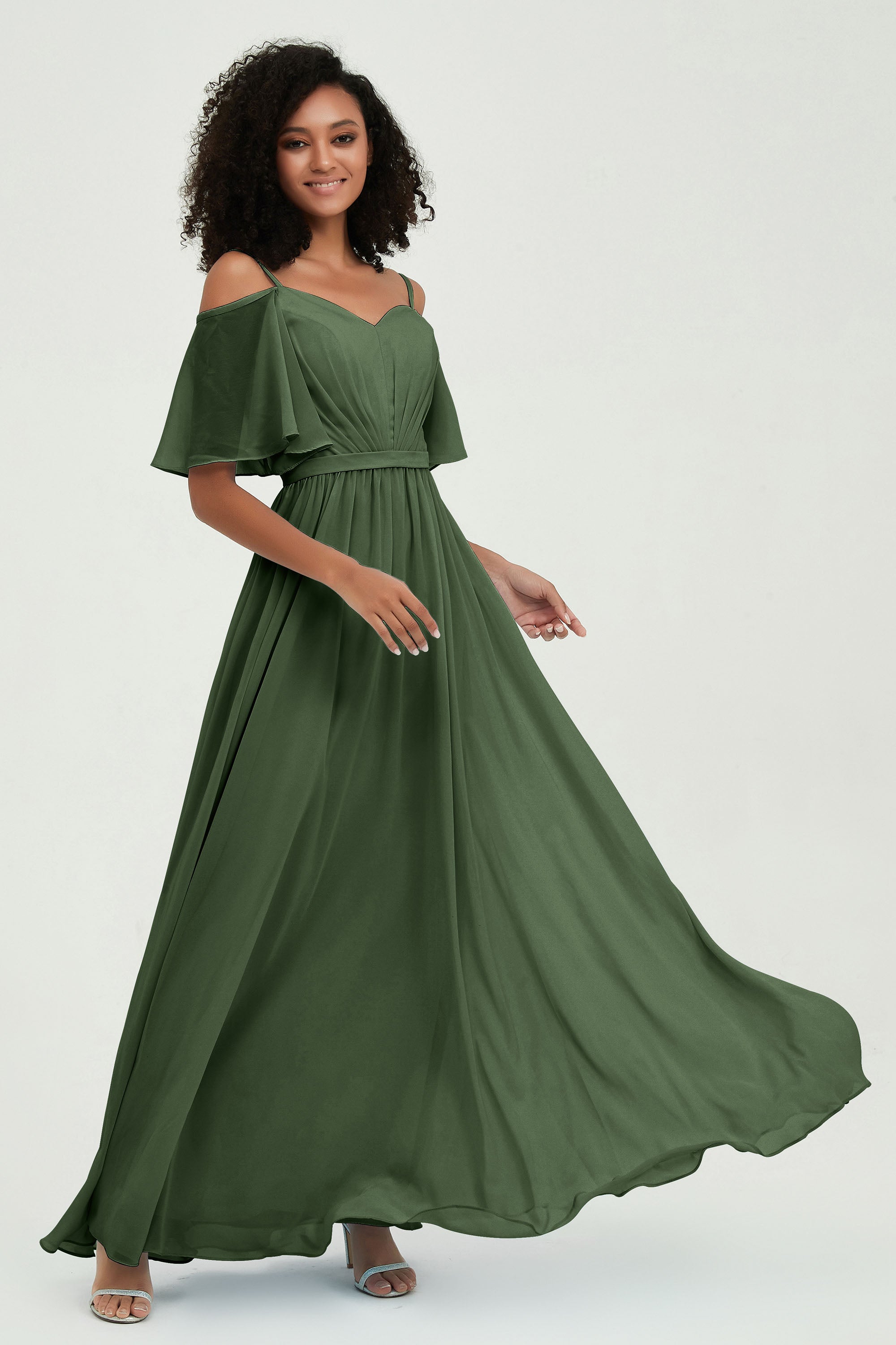 Off the Shoulder Chiffon Flutter Sleeves Junior Bridesmaid Dress Formal Evening Prom Gowns
