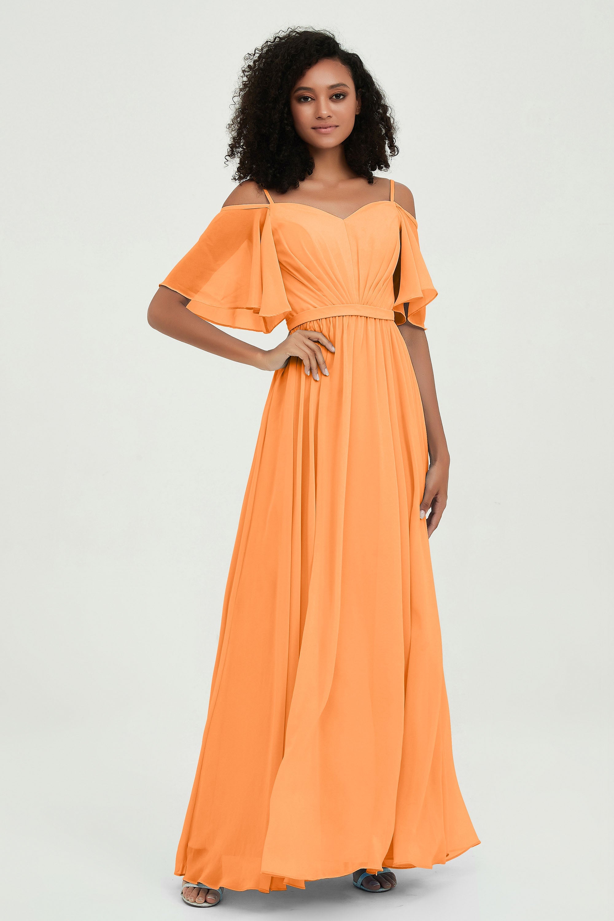 Off the Shoulder Chiffon Flutter Sleeves Junior Bridesmaid Dress Formal Evening Prom Gowns