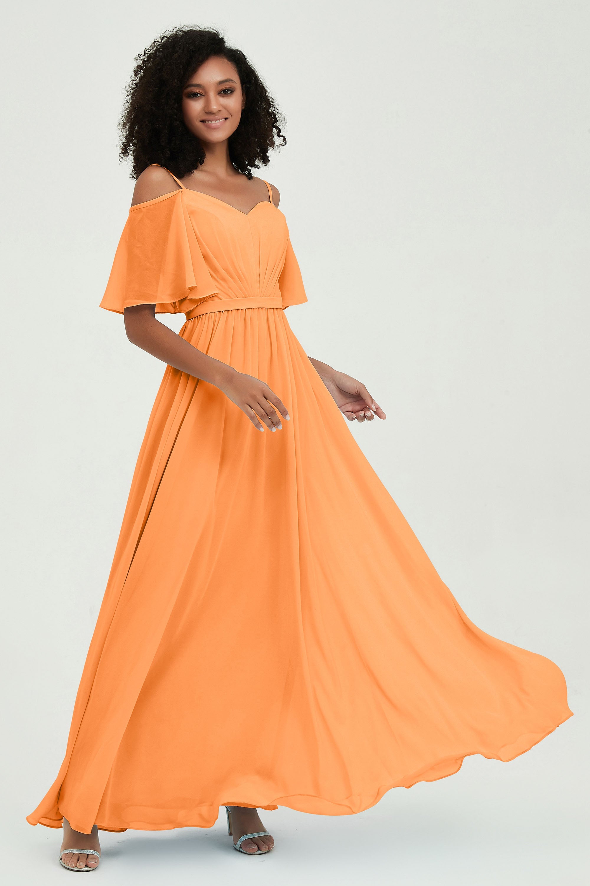 Off the Shoulder Chiffon Flutter Sleeves Junior Bridesmaid Dress Formal Evening Prom Gowns