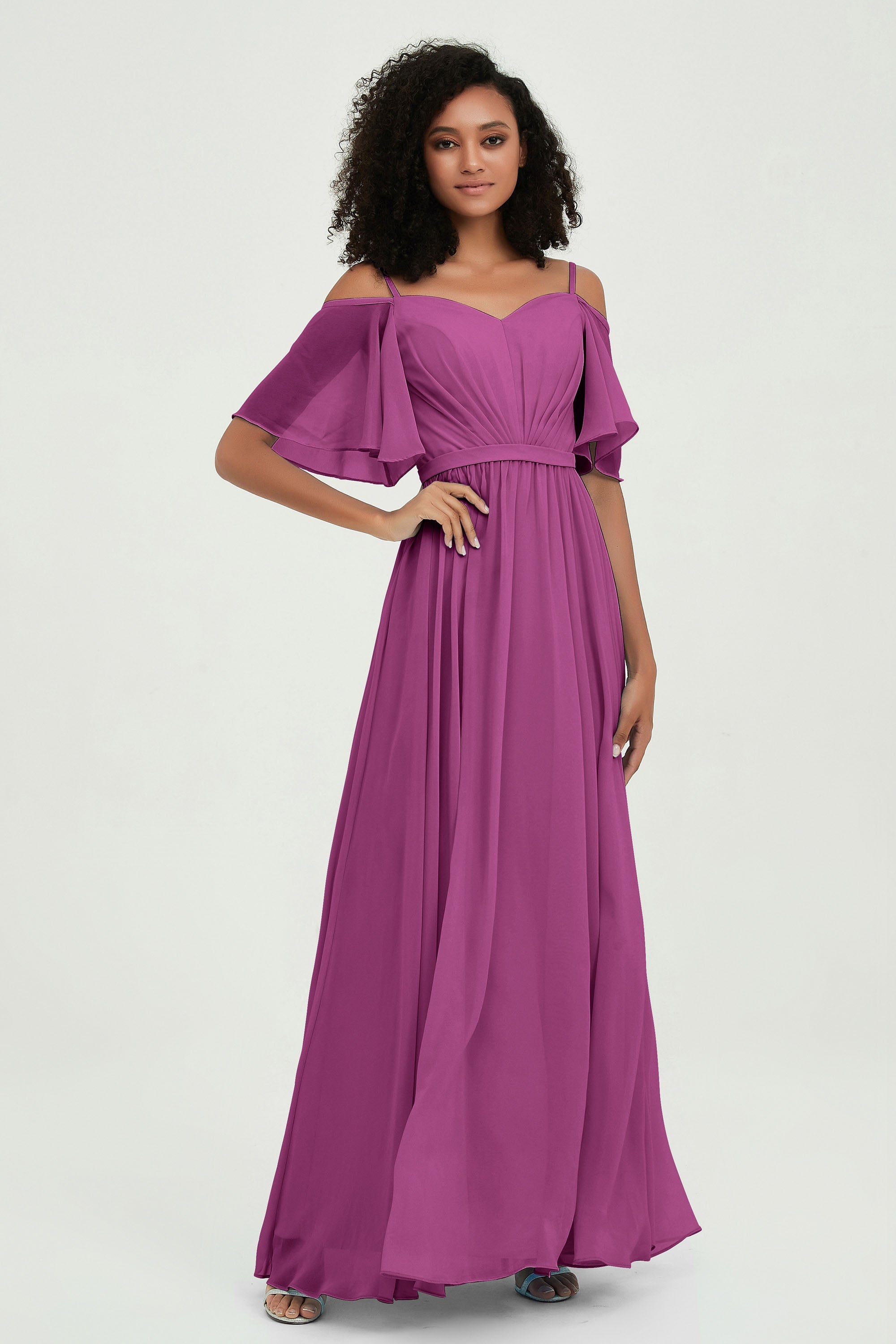 Off the Shoulder Chiffon Flutter Sleeves Junior Bridesmaid Dress Formal Evening Prom Gowns
