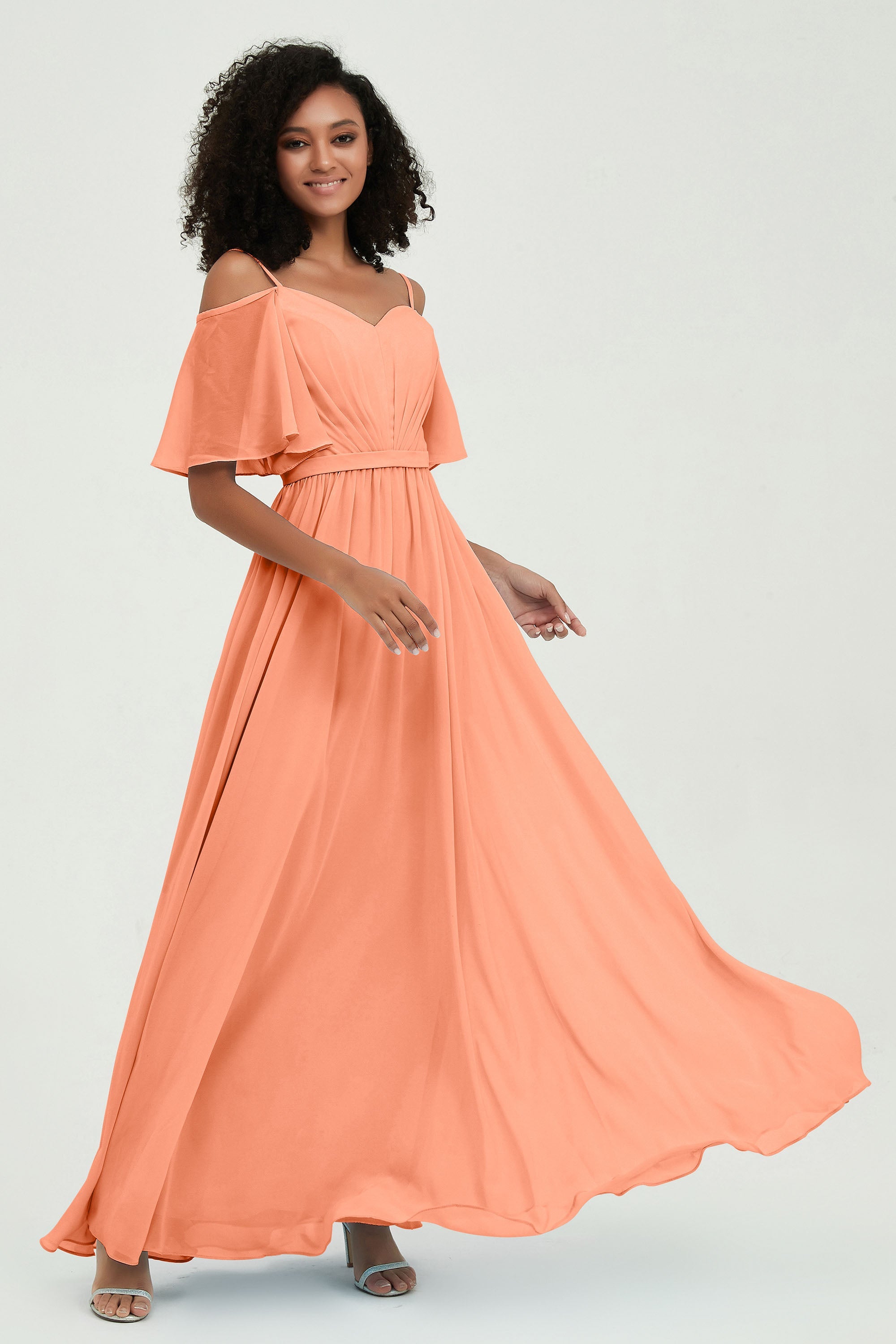Off the Shoulder Chiffon Flutter Sleeves Junior Bridesmaid Dress Formal Evening Prom Gowns