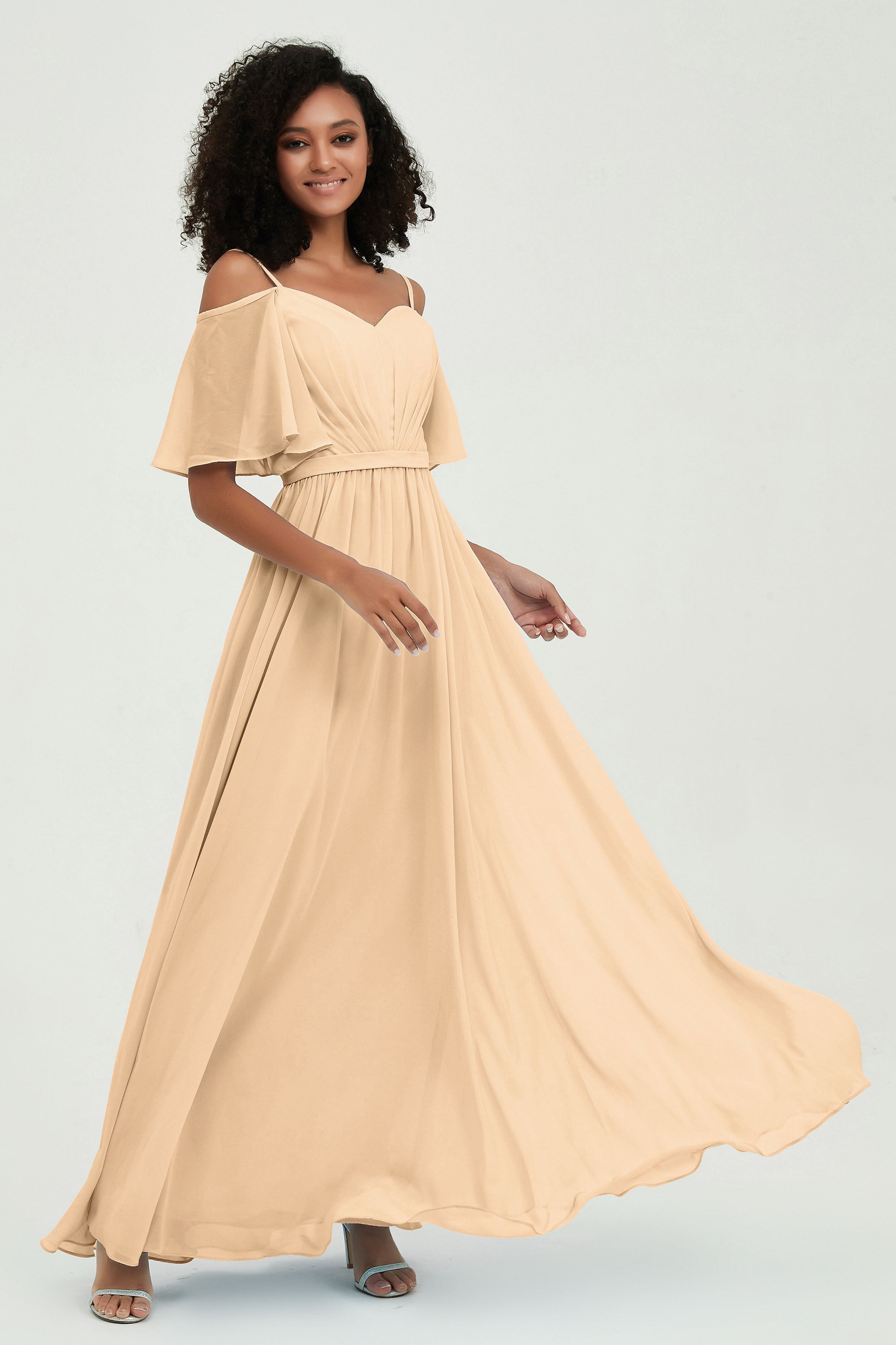 Off the Shoulder Chiffon Flutter Sleeves Junior Bridesmaid Dress Formal Evening Prom Gowns