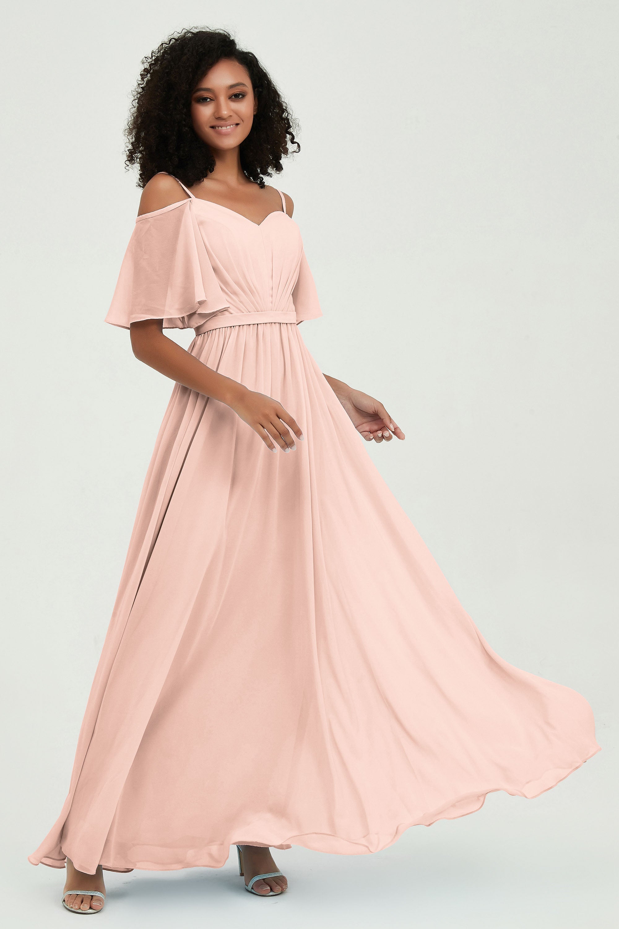 Off the Shoulder Chiffon Flutter Sleeves Junior Bridesmaid Dress Formal Evening Prom Gowns