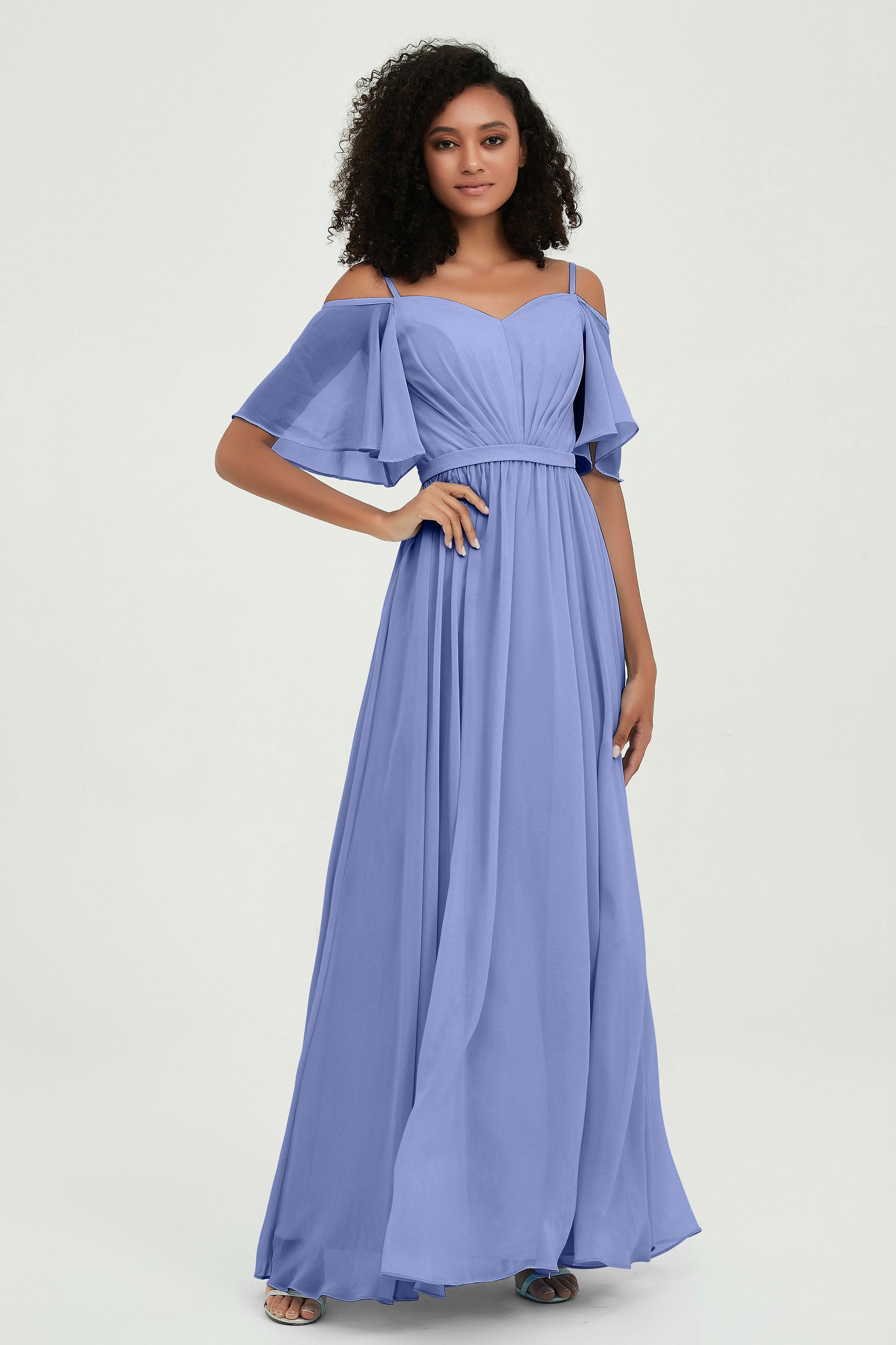 Off the Shoulder Chiffon Flutter Sleeves Junior Bridesmaid Dress Formal Evening Prom Gowns
