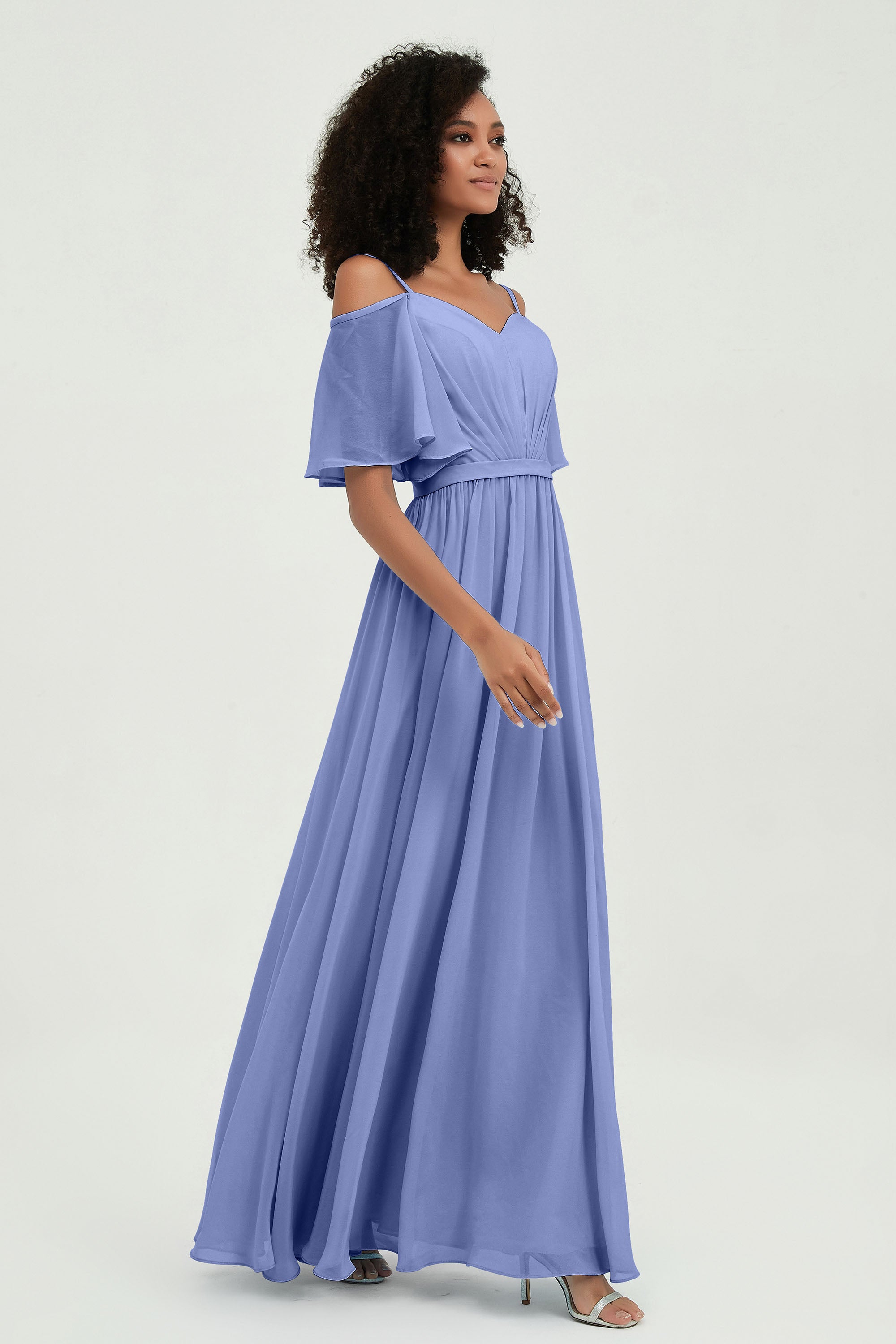 Off the Shoulder Chiffon Flutter Sleeves Junior Bridesmaid Dress Formal Evening Prom Gowns