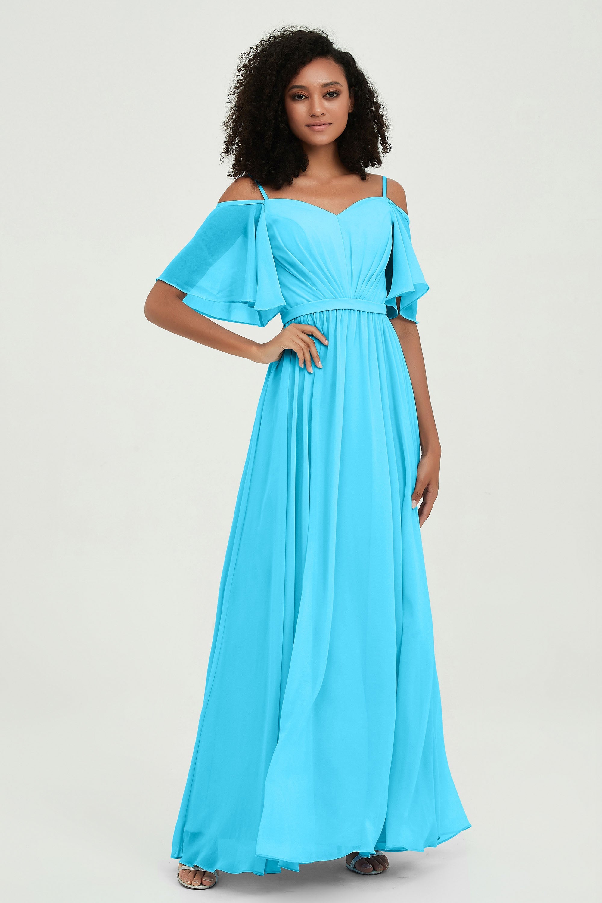 Off the Shoulder Chiffon Flutter Sleeves Junior Bridesmaid Dress Formal Evening Prom Gowns