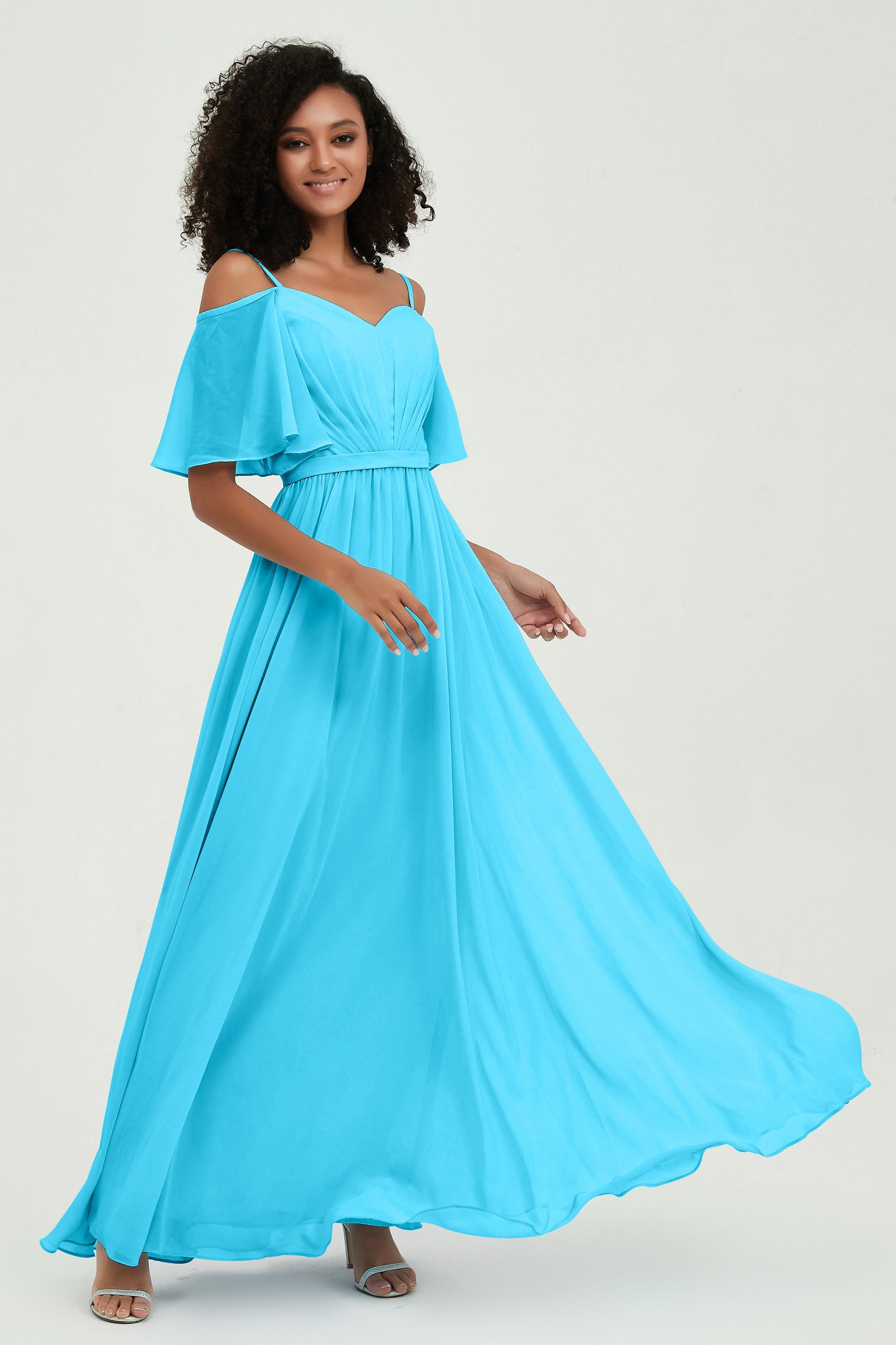 Off the Shoulder Chiffon Flutter Sleeves Junior Bridesmaid Dress Formal Evening Prom Gowns