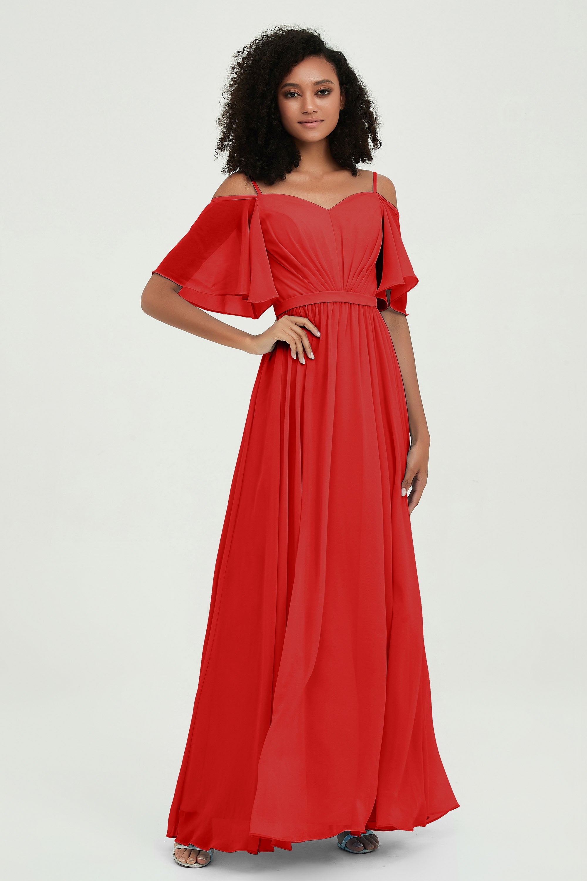 Off the Shoulder Chiffon Flutter Sleeves Junior Bridesmaid Dress Formal Evening Prom Gowns