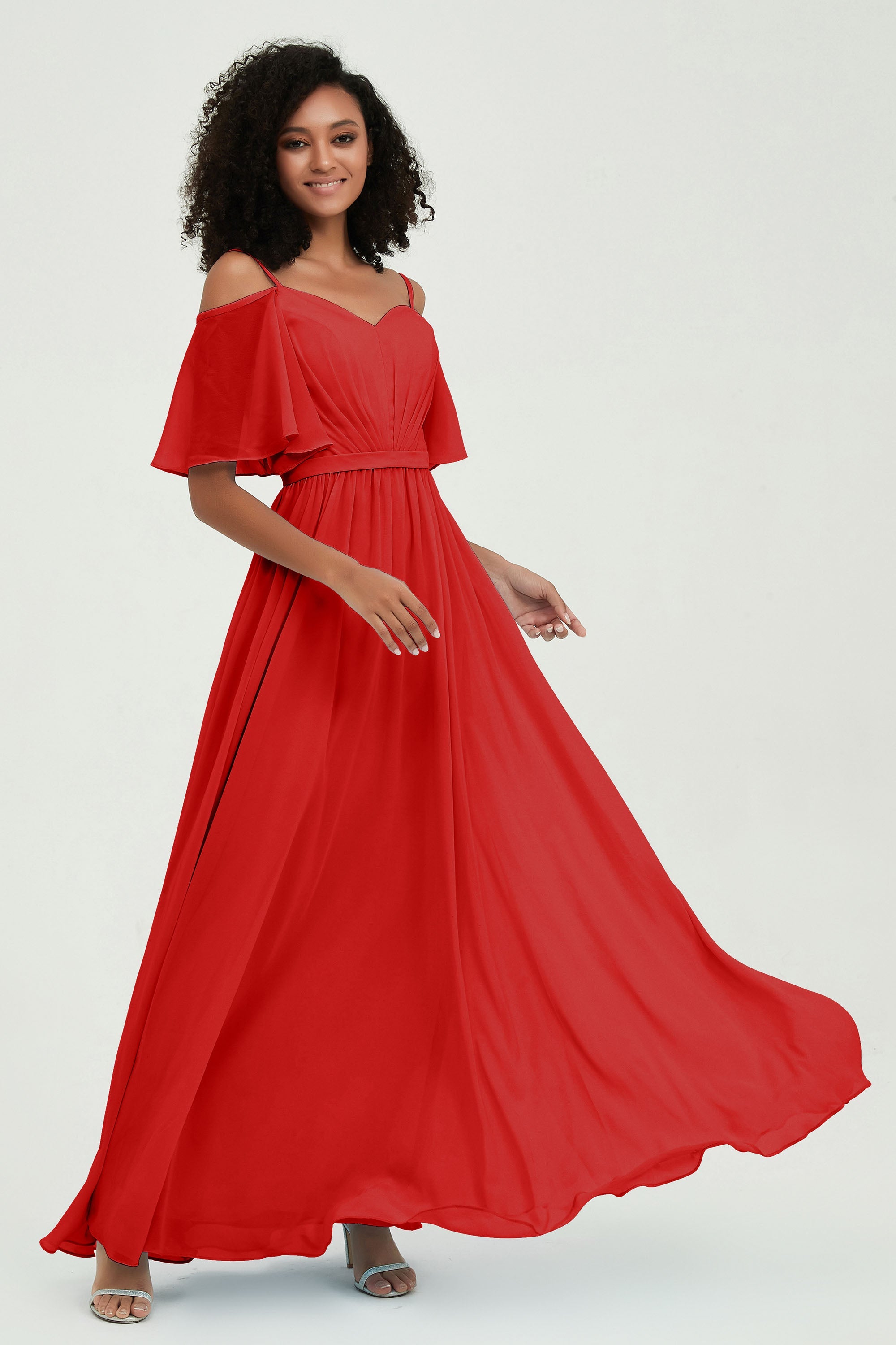 Off the Shoulder Chiffon Flutter Sleeves Junior Bridesmaid Dress Formal Evening Prom Gowns