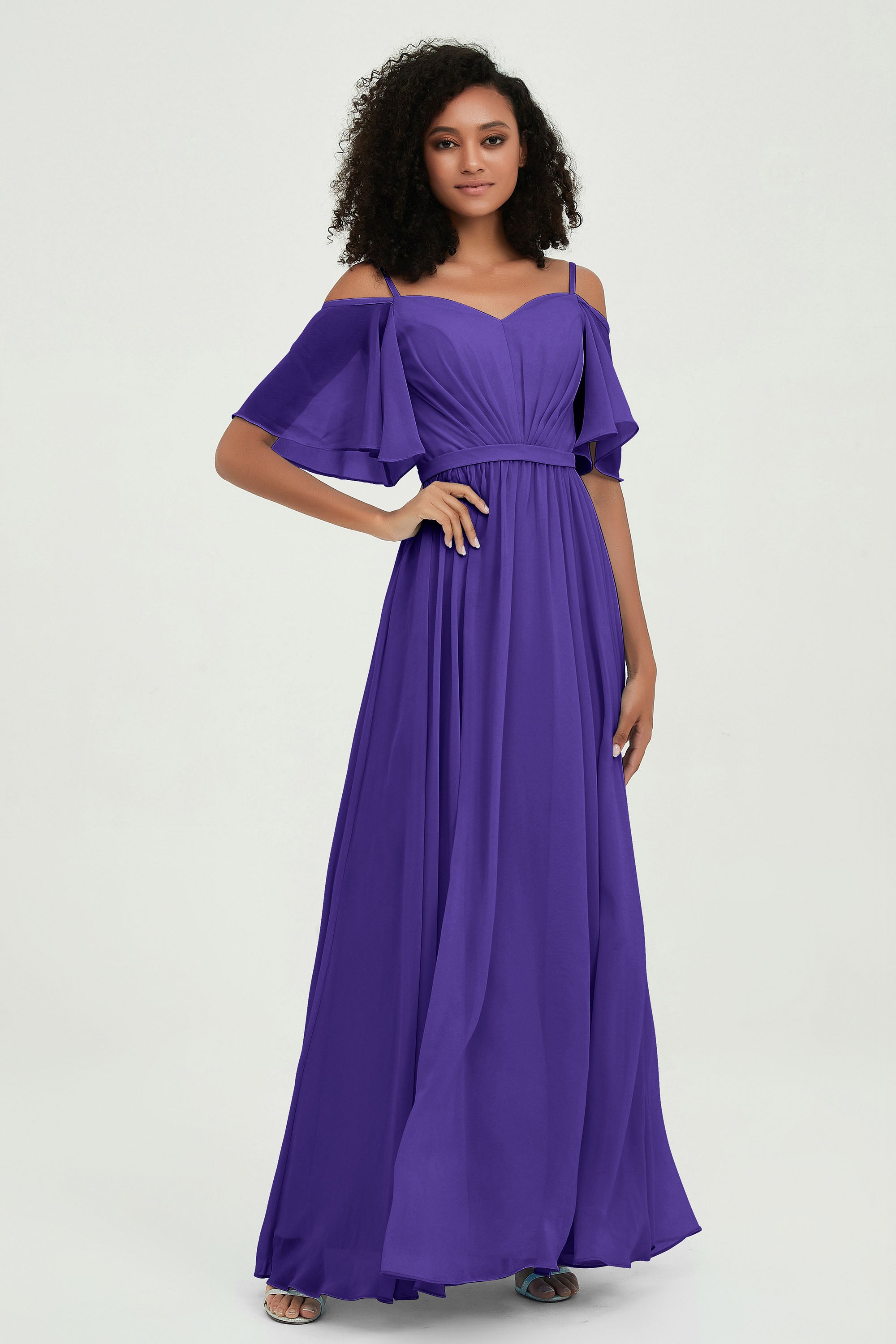 Off the Shoulder Chiffon Flutter Sleeves Junior Bridesmaid Dress Formal Evening Prom Gowns