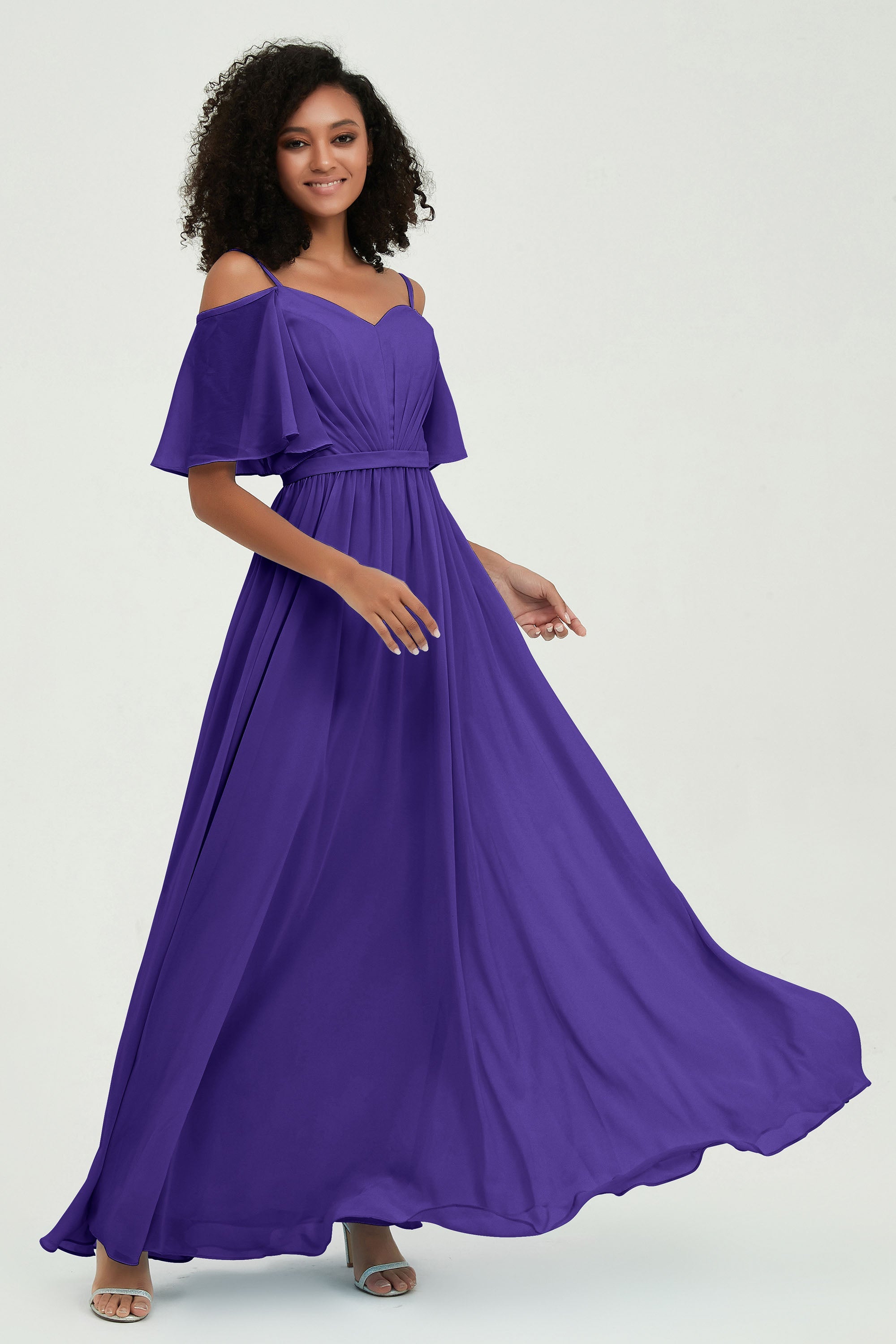 Off the Shoulder Chiffon Flutter Sleeves Junior Bridesmaid Dress Formal Evening Prom Gowns
