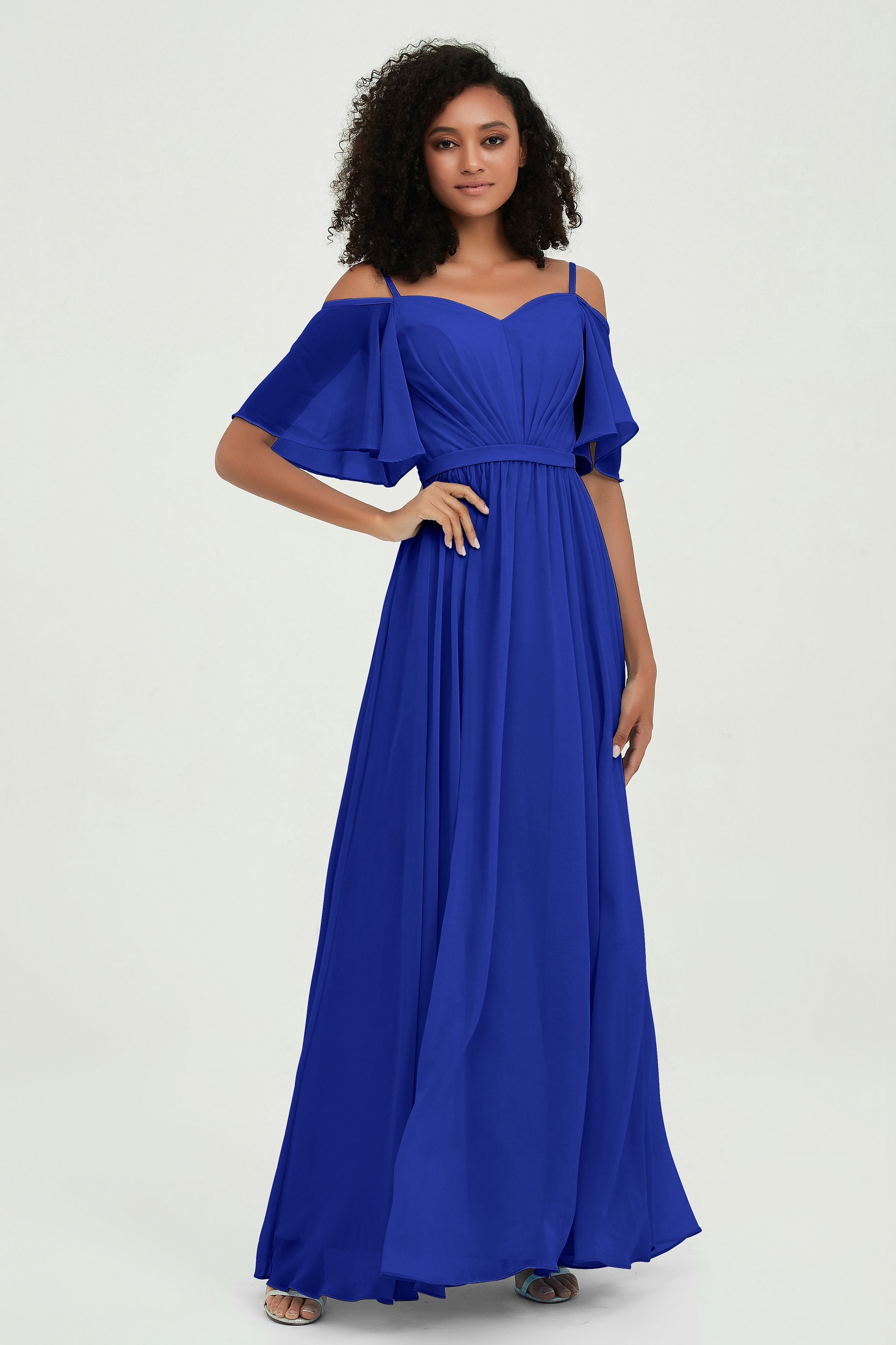 Off the Shoulder Chiffon Flutter Sleeves Junior Bridesmaid Dress Formal Evening Prom Gowns
