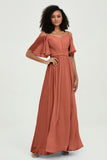 Off the Shoulder Chiffon Flutter Sleeves Junior Bridesmaid Dress Formal Evening Prom Gowns