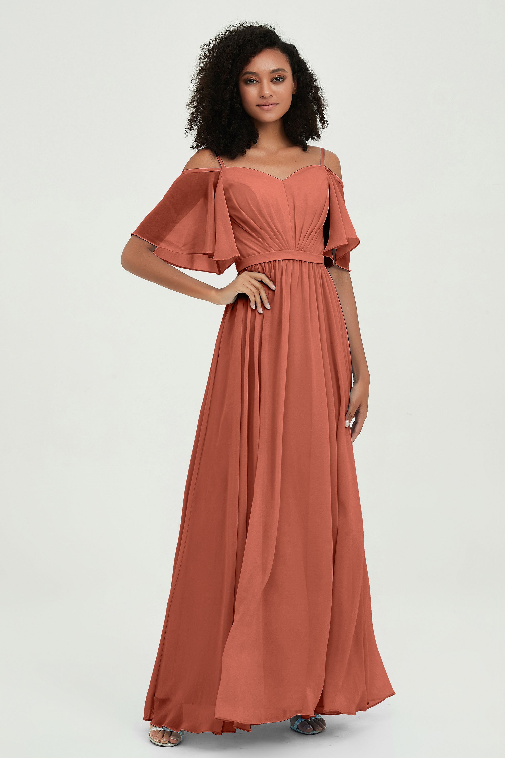 Off the Shoulder Chiffon Flutter Sleeves Junior Bridesmaid Dress Formal Evening Prom Gowns