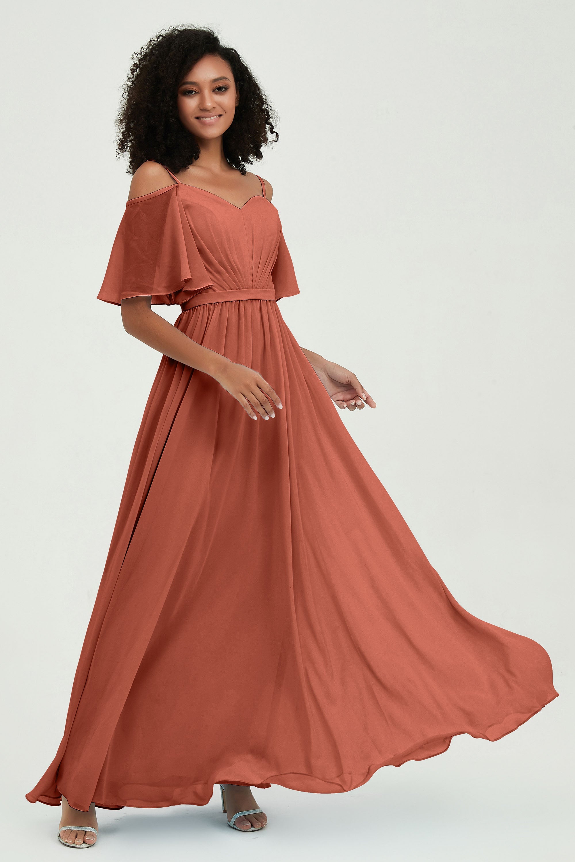 Off the Shoulder Chiffon Flutter Sleeves Junior Bridesmaid Dress Formal Evening Prom Gowns