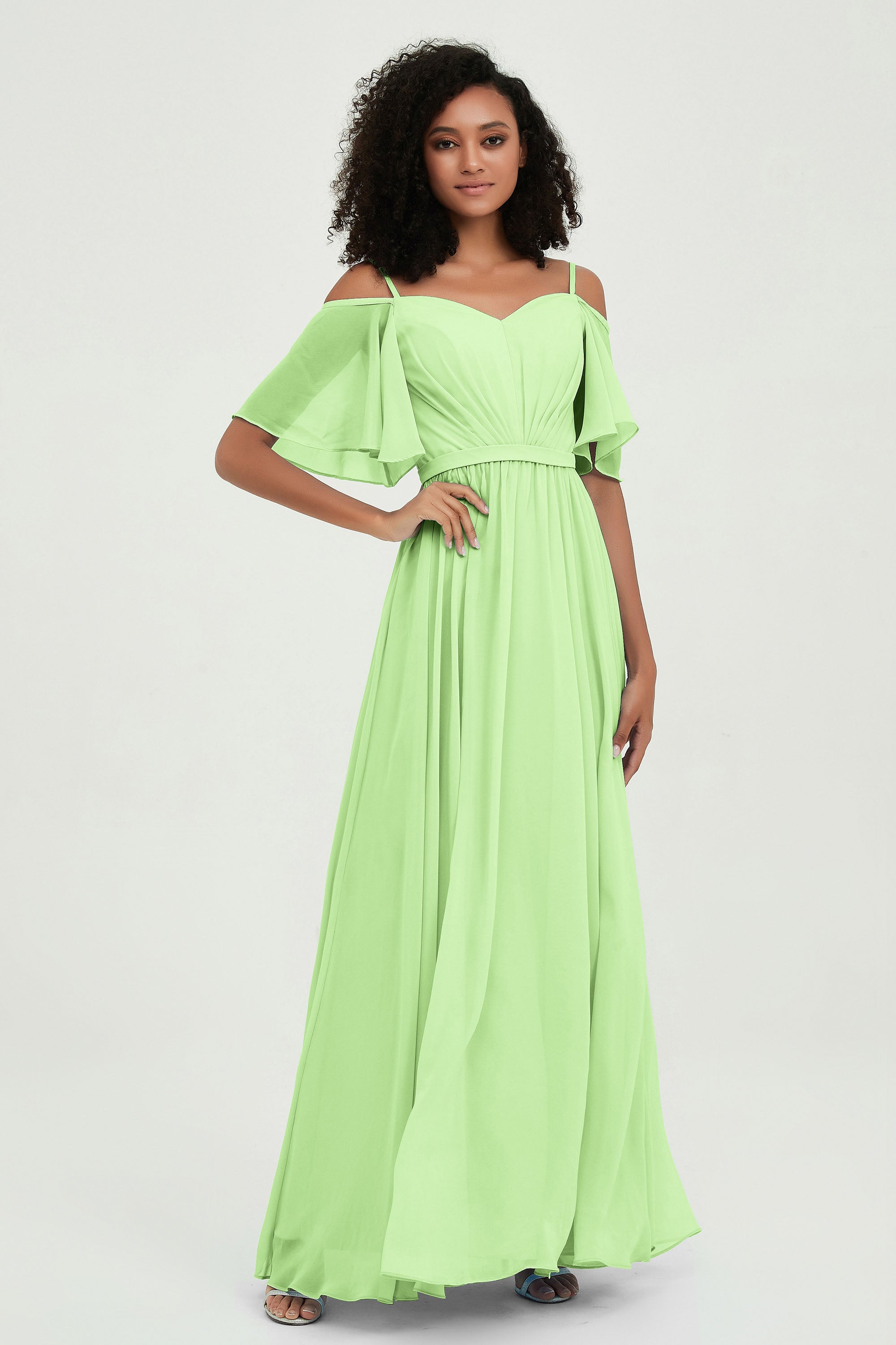 Off the Shoulder Chiffon Flutter Sleeves Junior Bridesmaid Dress Formal Evening Prom Gowns
