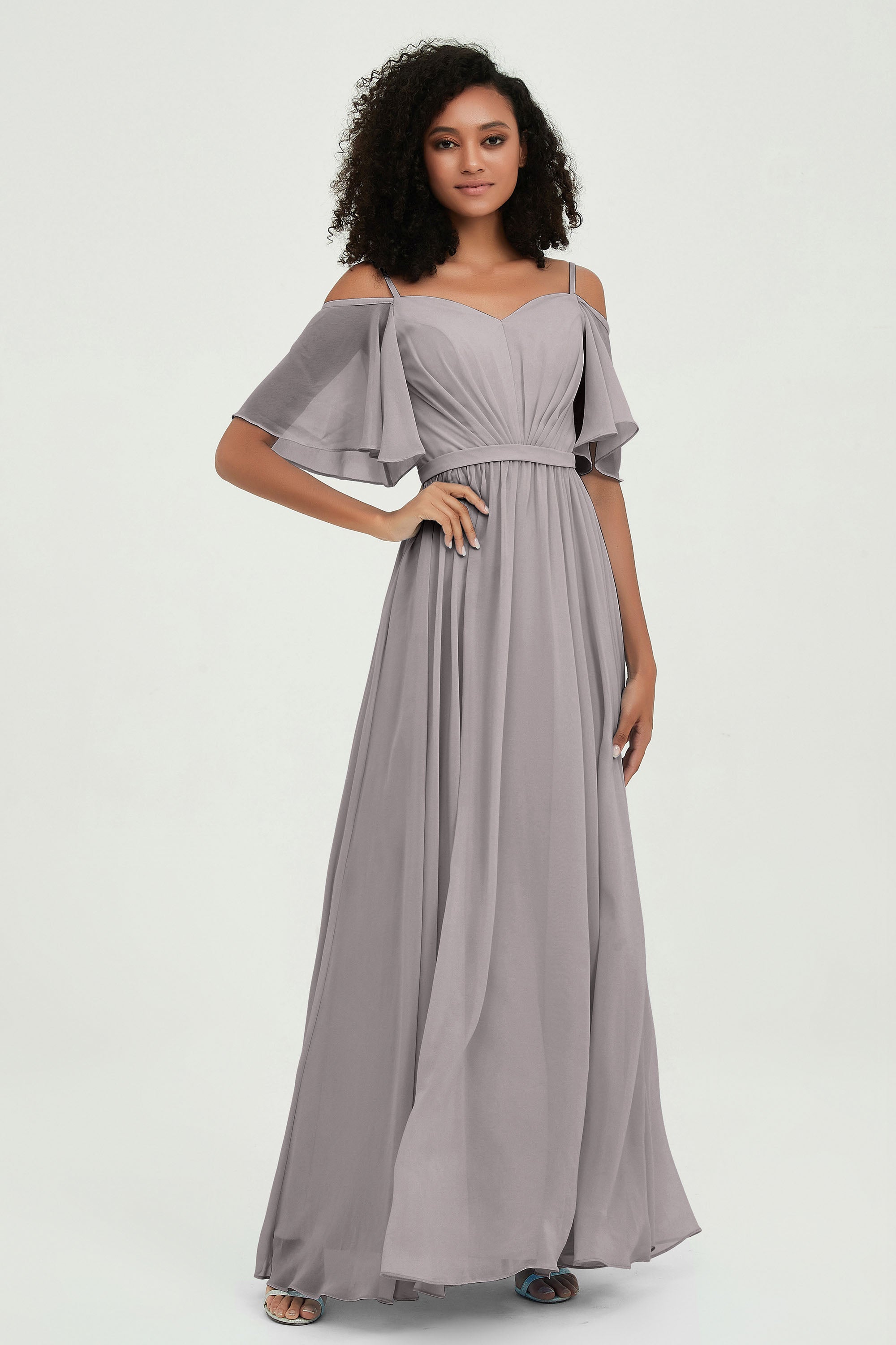 Off the Shoulder Chiffon Flutter Sleeves Junior Bridesmaid Dress Formal Evening Prom Gowns