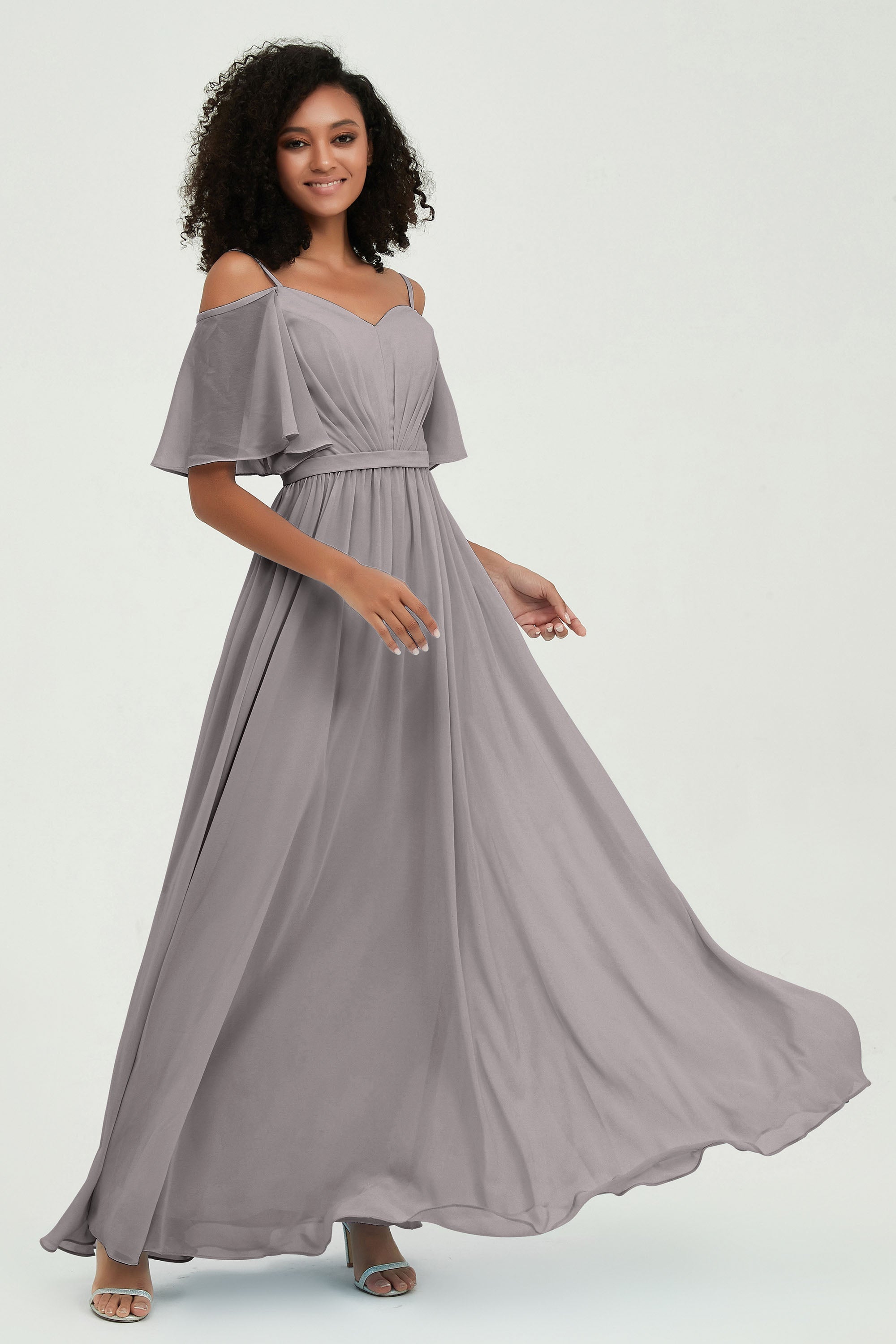 Off the Shoulder Chiffon Flutter Sleeves Junior Bridesmaid Dress Formal Evening Prom Gowns