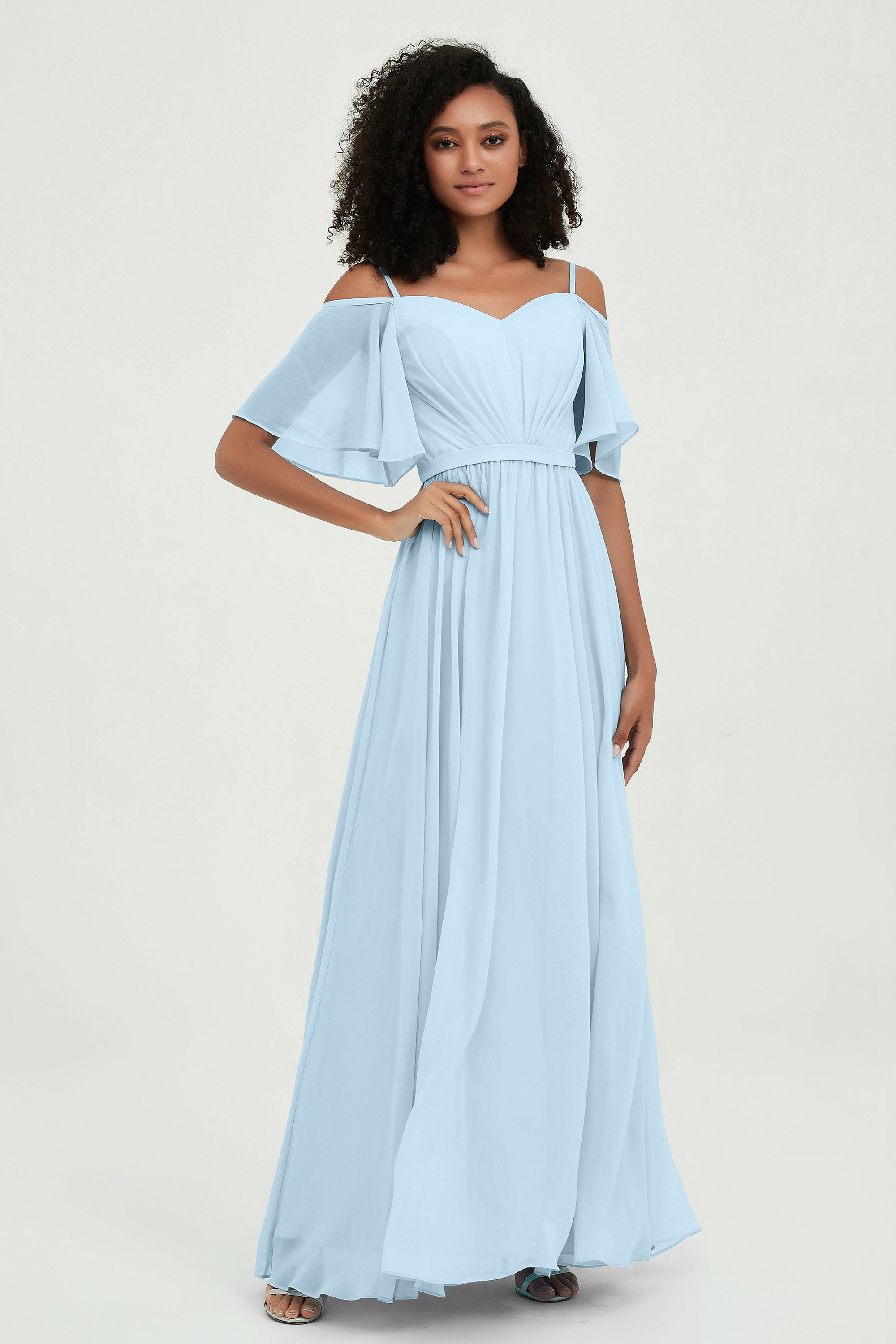 Off the Shoulder Chiffon Flutter Sleeves Junior Bridesmaid Dress Formal Evening Prom Gowns
