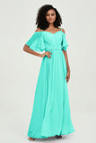 Off the Shoulder Chiffon Flutter Sleeves Junior Bridesmaid Dress Formal Evening Prom Gowns