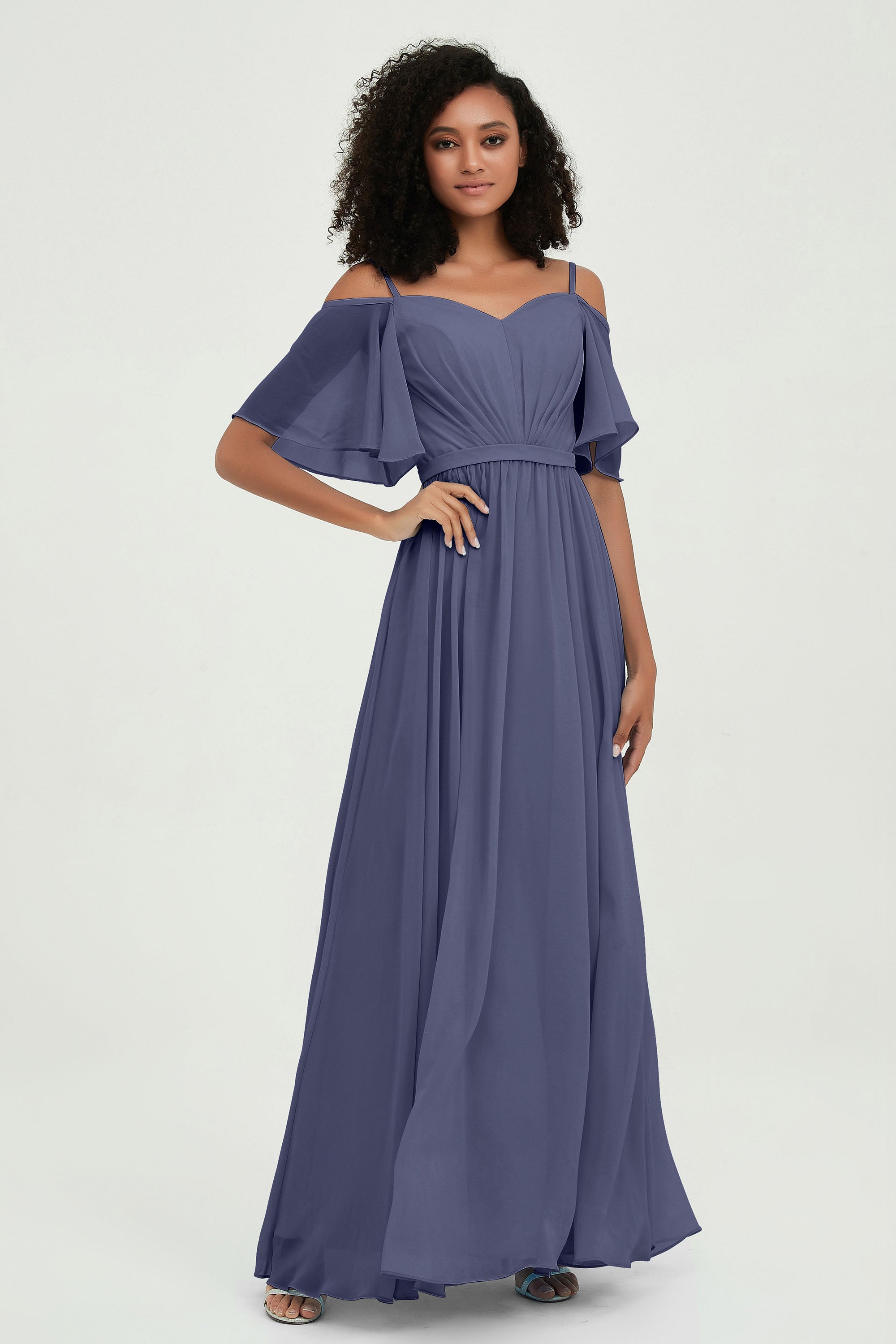 Off the Shoulder Chiffon Flutter Sleeves Junior Bridesmaid Dress Formal Evening Prom Gowns