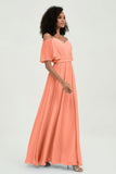 Off the Shoulder Chiffon Flutter Sleeves Junior Bridesmaid Dress Formal Evening Prom Gowns