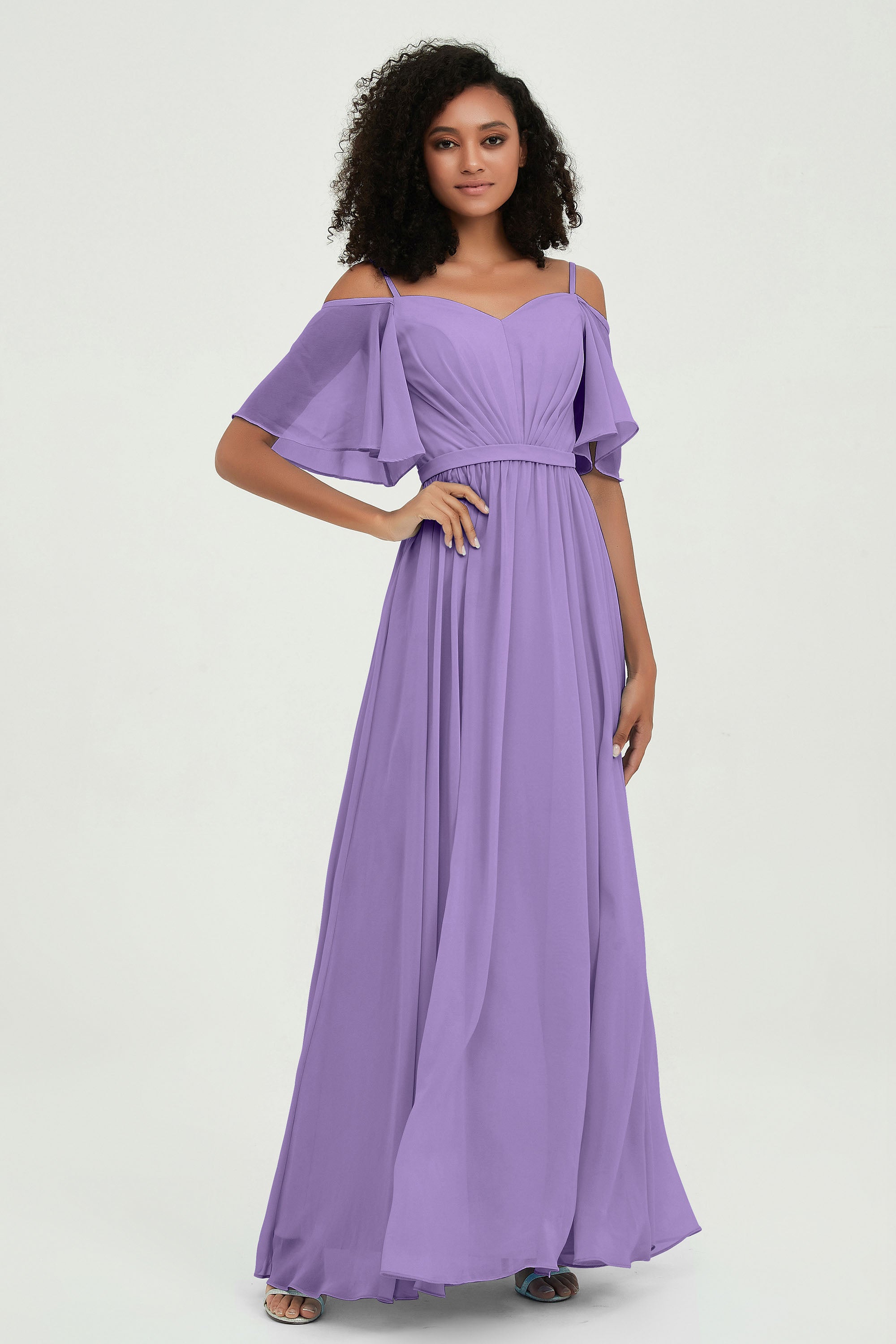 Off the Shoulder Chiffon Flutter Sleeves Junior Bridesmaid Dress Formal Evening Prom Gowns