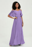 Off the Shoulder Chiffon Flutter Sleeves Junior Bridesmaid Dress Formal Evening Prom Gowns