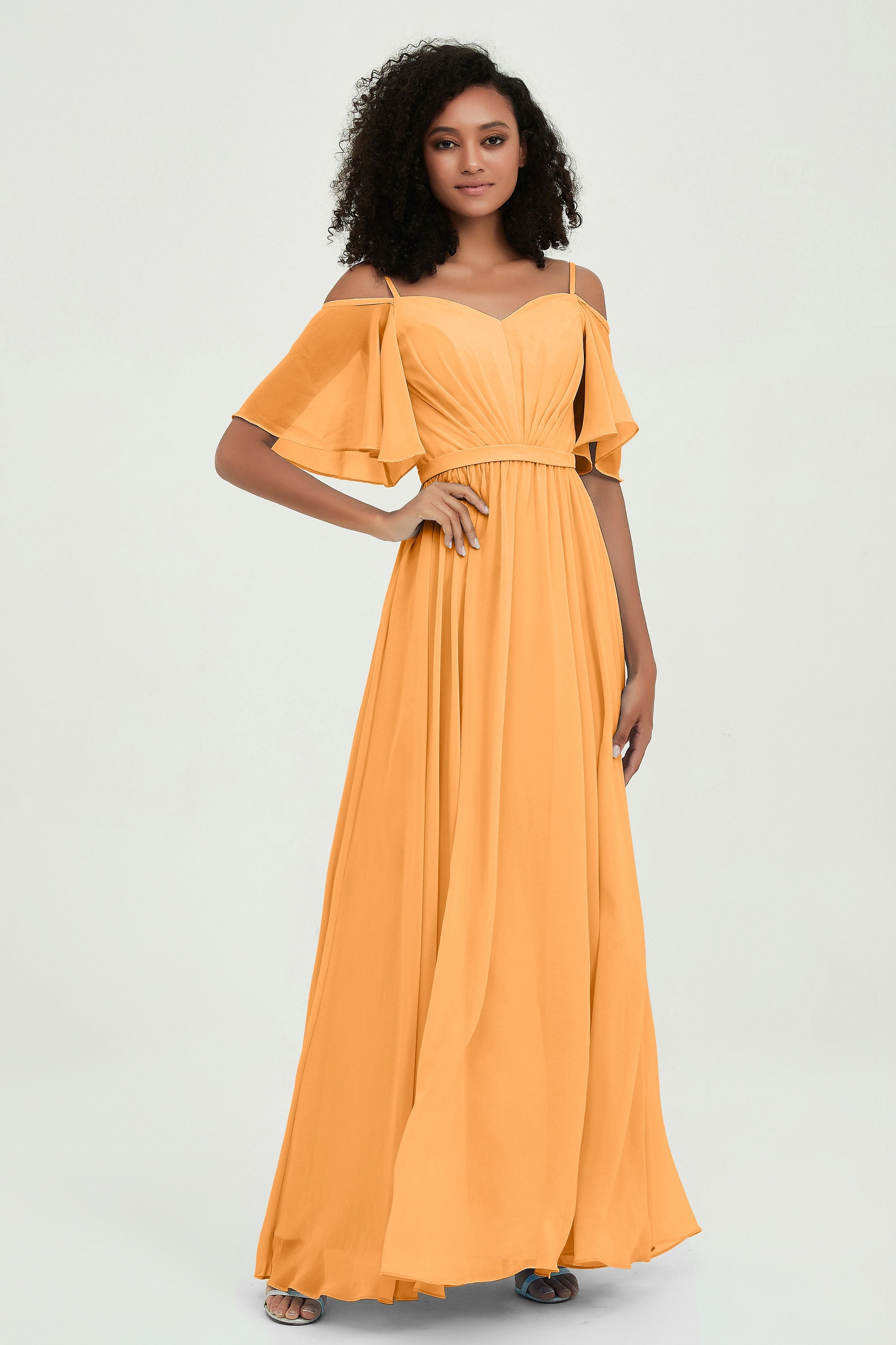 Off the Shoulder Chiffon Flutter Sleeves Junior Bridesmaid Dress Formal Evening Prom Gowns