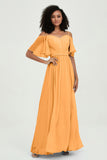 Off the Shoulder Chiffon Flutter Sleeves Junior Bridesmaid Dress Formal Evening Prom Gowns