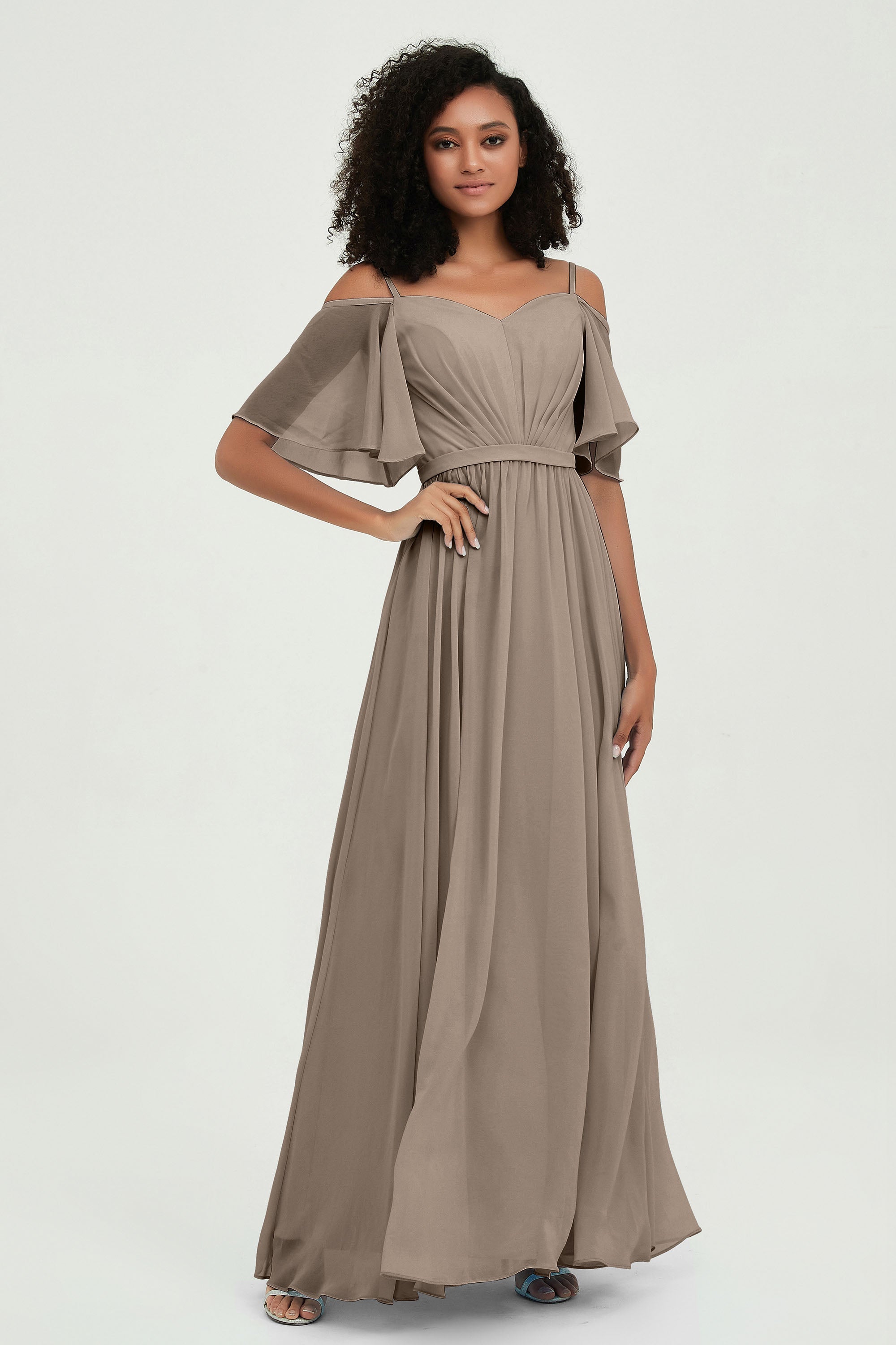 Off the Shoulder Chiffon Flutter Sleeves Junior Bridesmaid Dress Formal Evening Prom Gowns