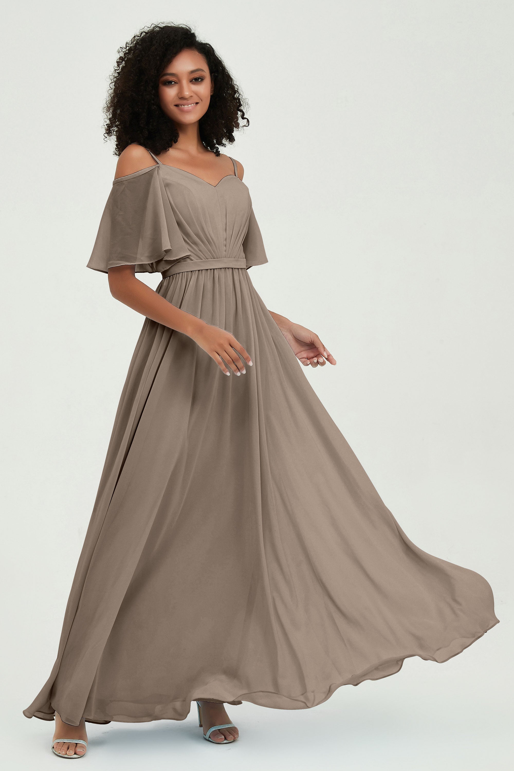 Off the Shoulder Chiffon Flutter Sleeves Junior Bridesmaid Dress Formal Evening Prom Gowns