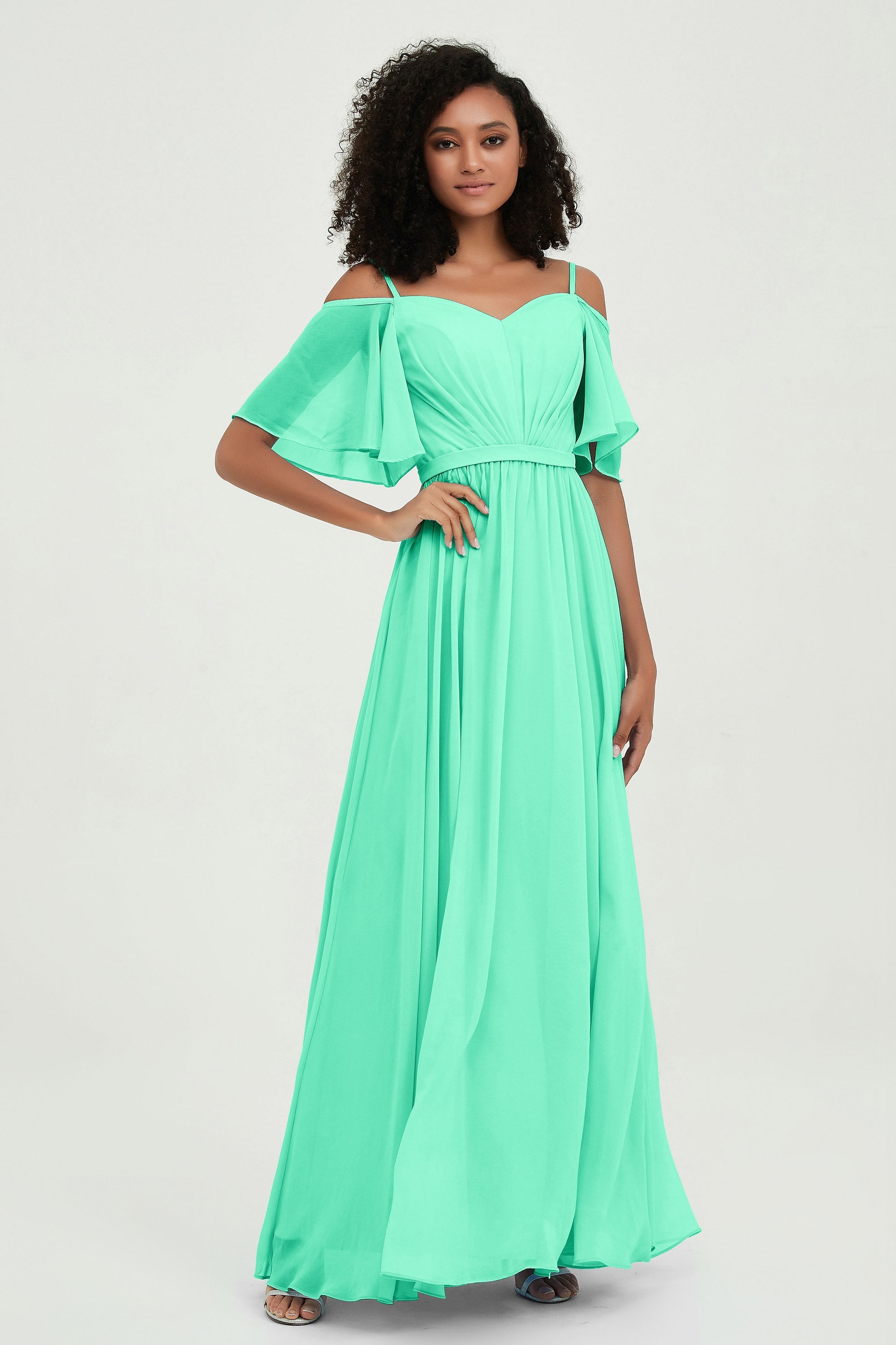 Off the Shoulder Chiffon Flutter Sleeves Junior Bridesmaid Dress Formal Evening Prom Gowns