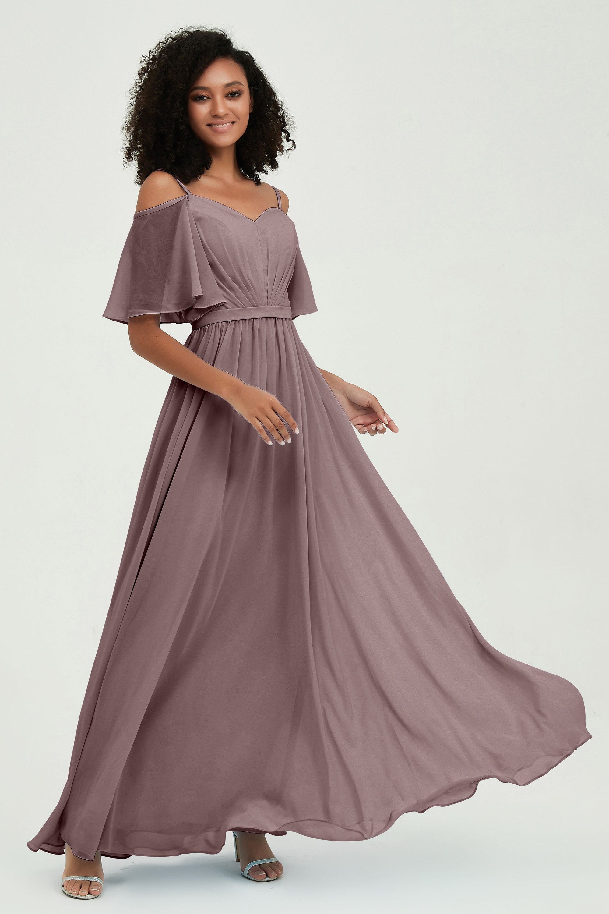 Off the Shoulder Chiffon Flutter Sleeves Junior Bridesmaid Dress Formal Evening Prom Gowns