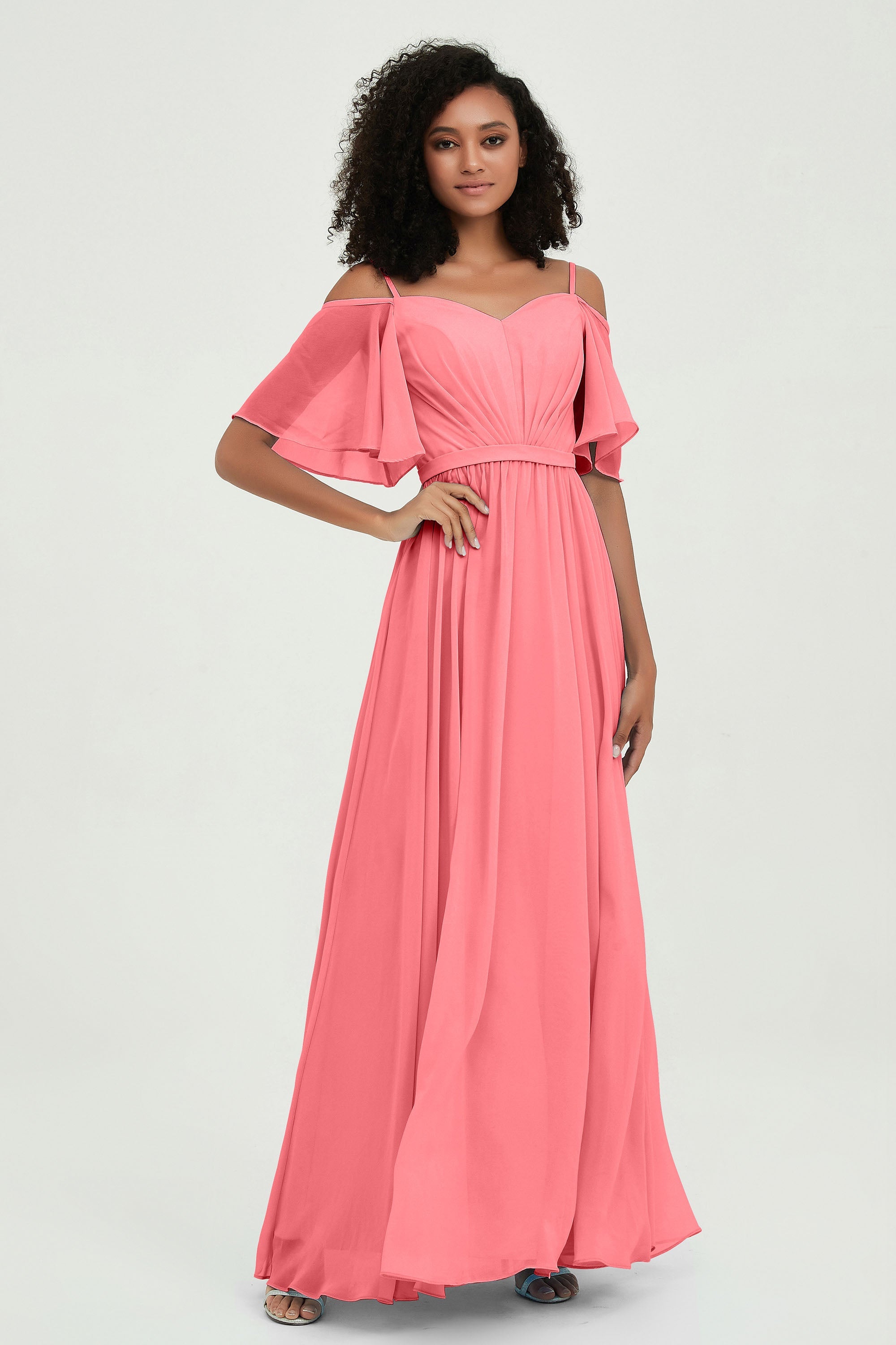 Off the Shoulder Chiffon Flutter Sleeves Junior Bridesmaid Dress Formal Evening Prom Gowns