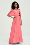Off the Shoulder Chiffon Flutter Sleeves Junior Bridesmaid Dress Formal Evening Prom Gowns