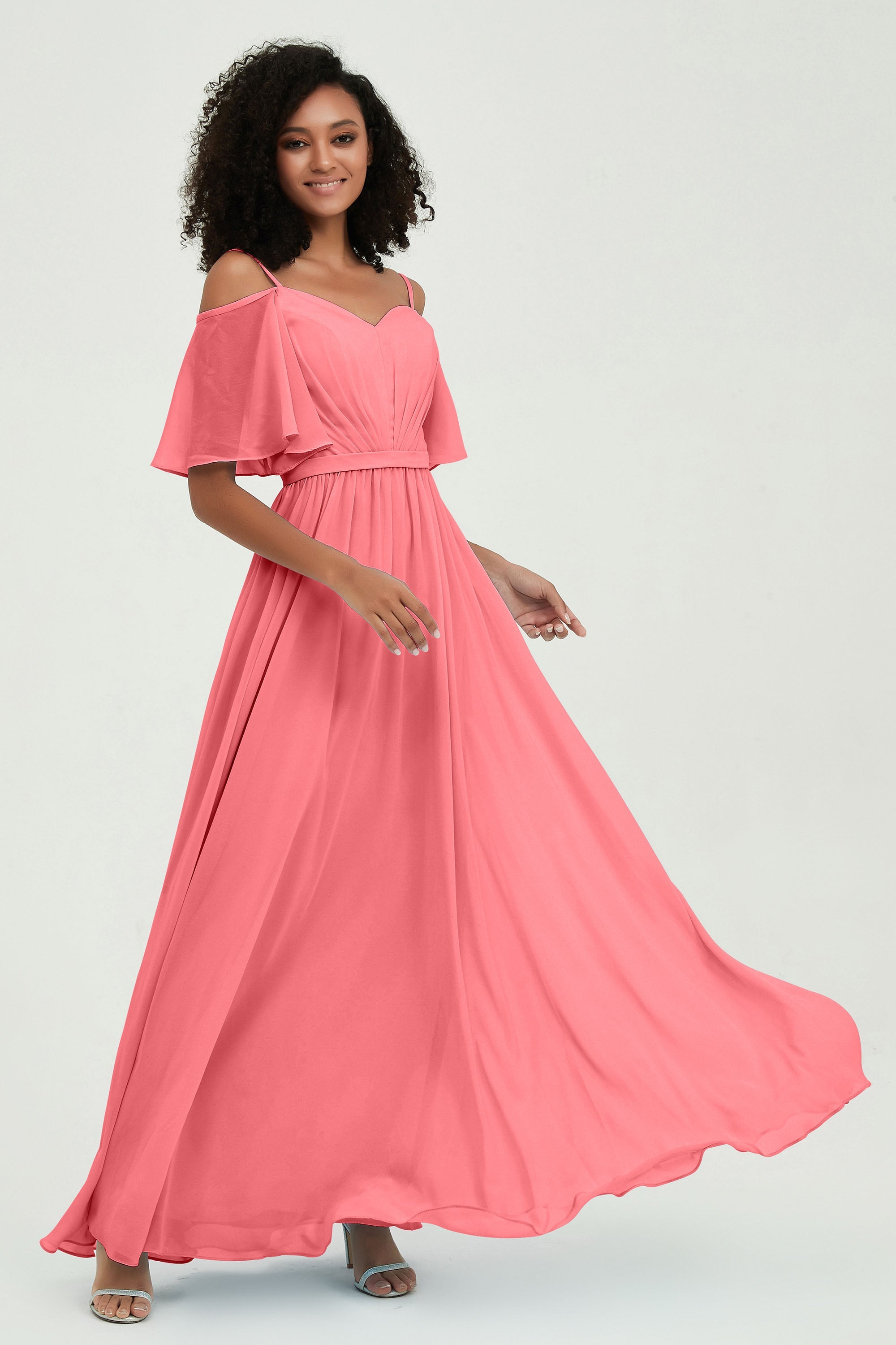 Off the Shoulder Chiffon Flutter Sleeves Junior Bridesmaid Dress Formal Evening Prom Gowns