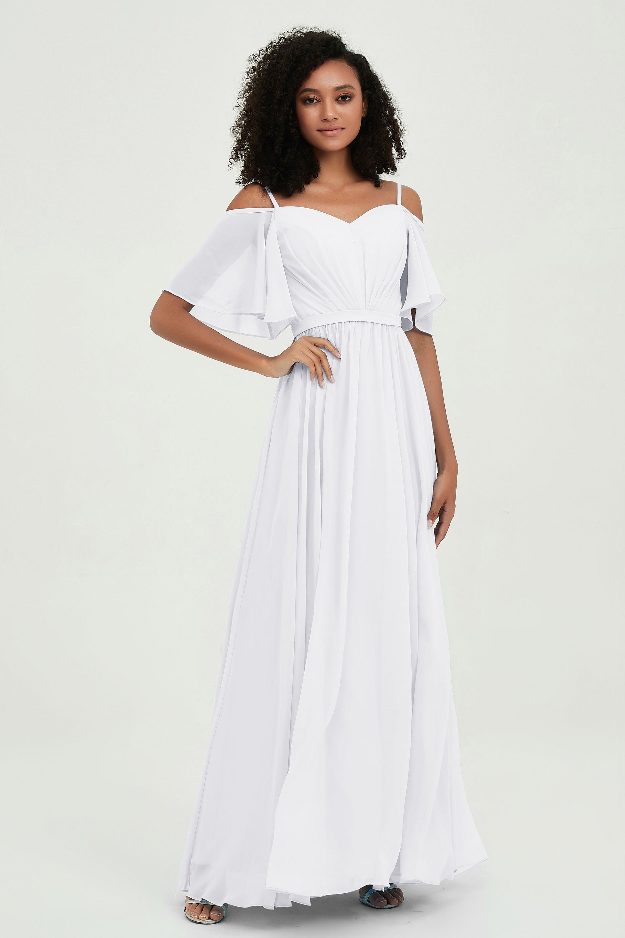 Off the Shoulder Chiffon Flutter Sleeves Junior Bridesmaid Dress Formal Evening Prom Gowns